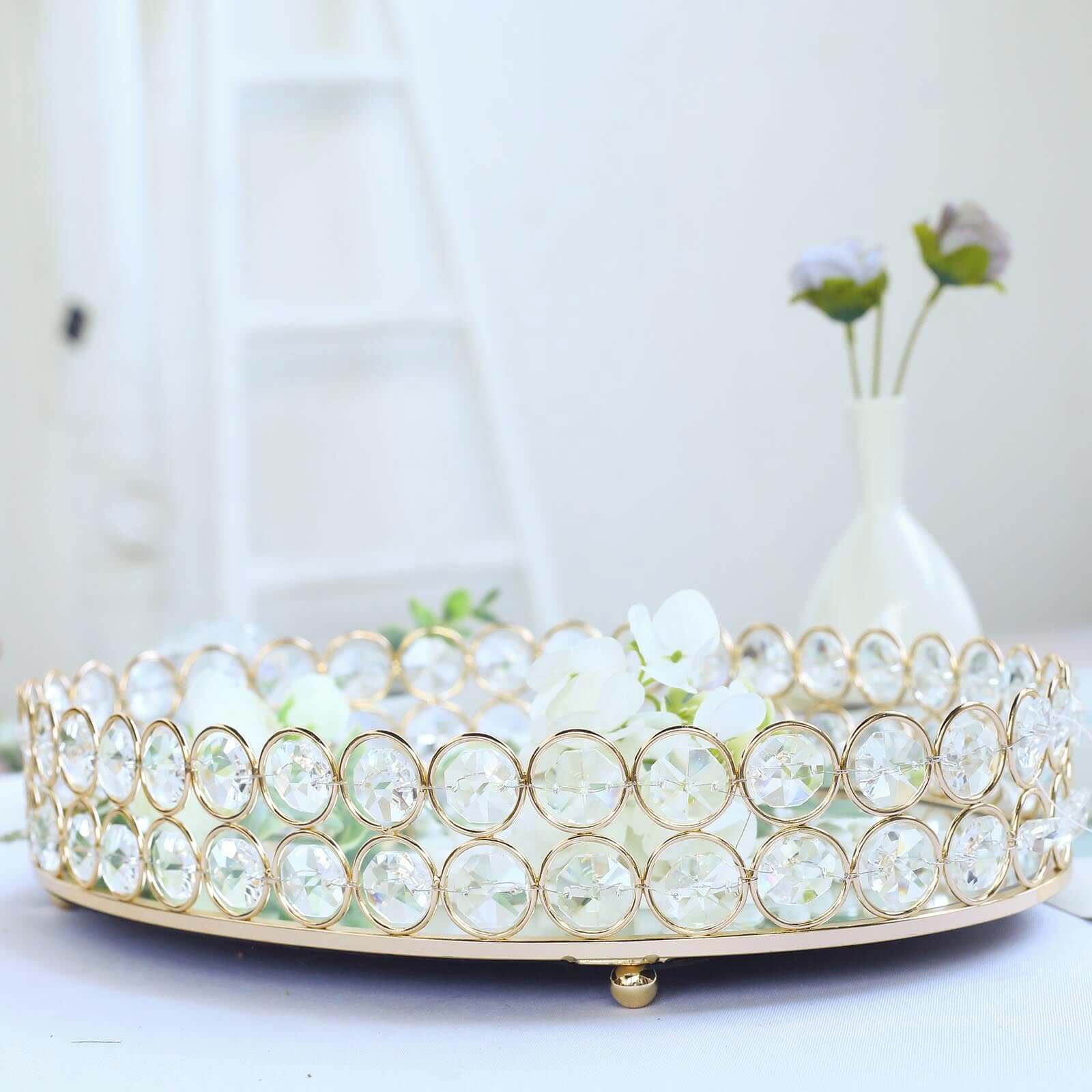Gold Metal Crystal Beaded Mirror Oval Vanity Serving Tray, Decorative Tray - Medium 14"x10"