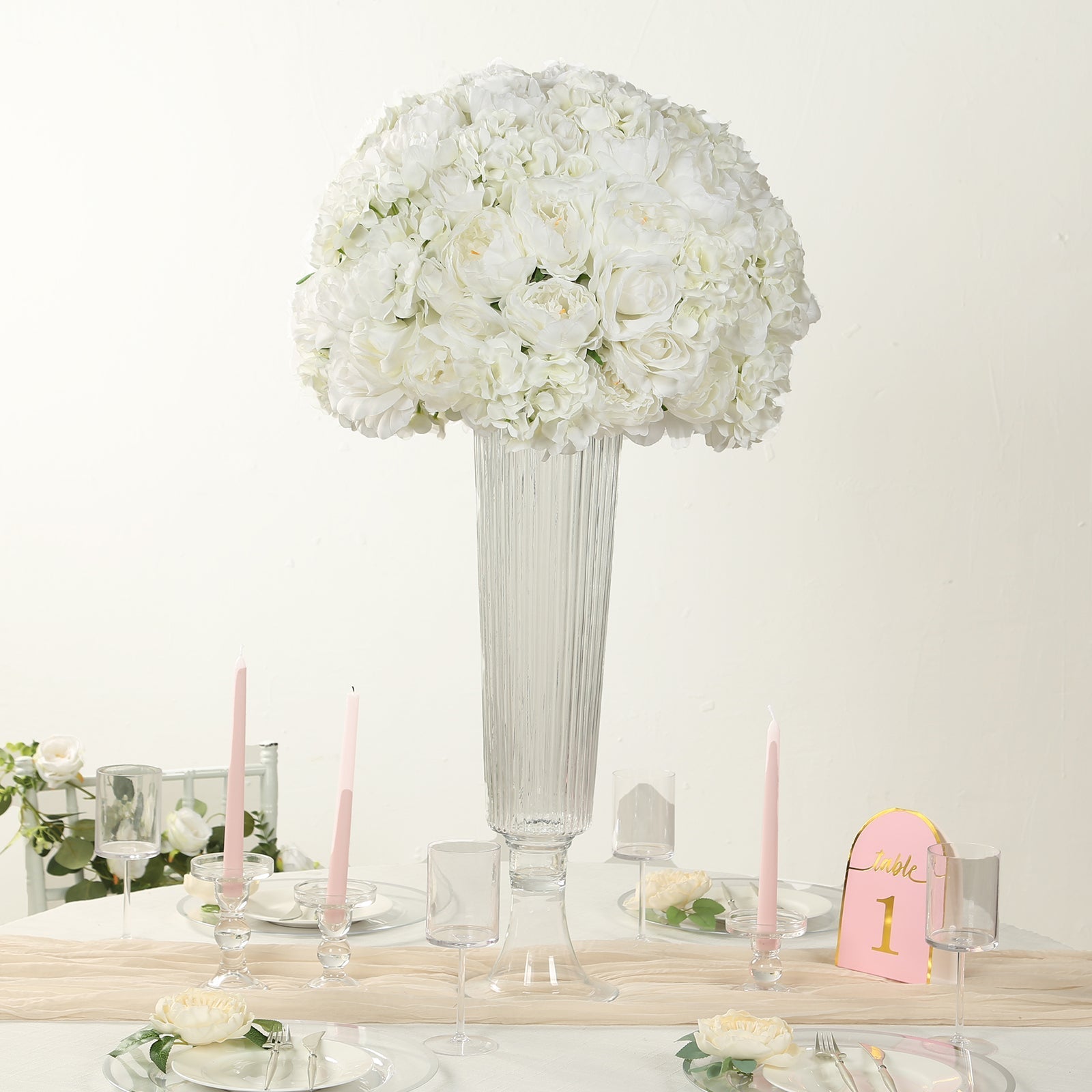 Pre-Arranged Silk Rose Bouquet Floral Arrangement Table Decor, Large Ivory Artificial Rose Flower Balls Wedding Centerpieces - 20"