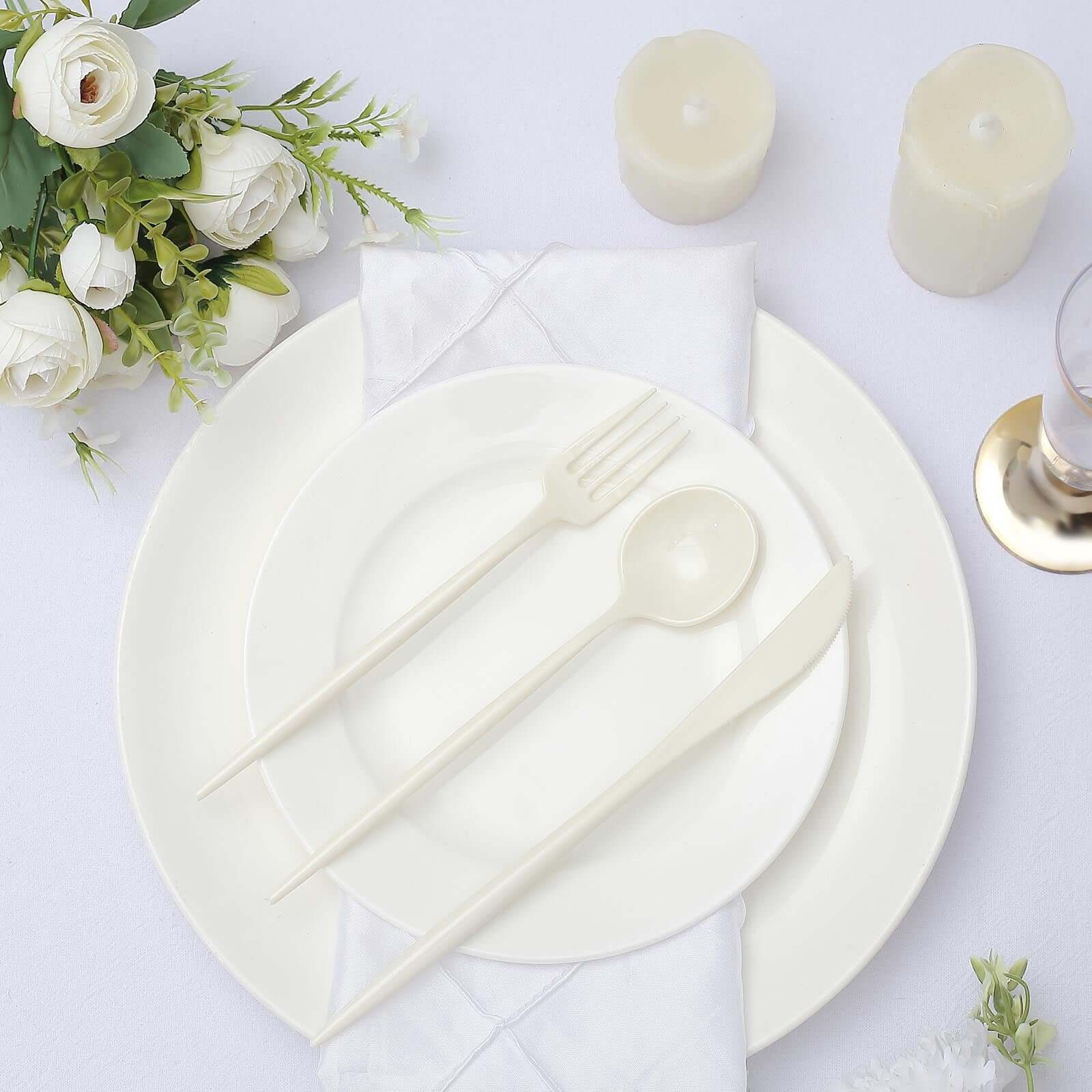 50-Pack Plastic Utensil Set Ivory - Premium Disposable Heavy Duty Sleek Flatware