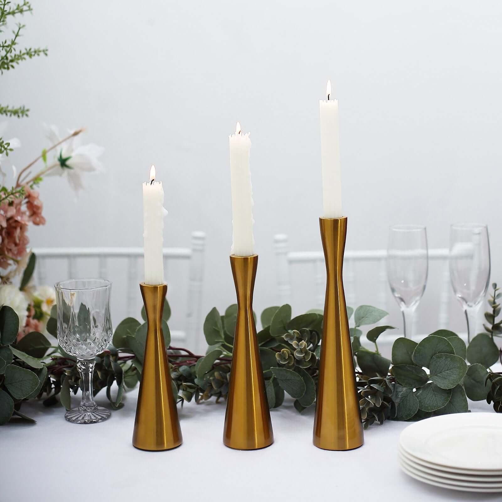 Set of 3 Hourglass Taper Candle Holders Gold Metal Nordic European Design - Tabletop Decor 8", 9", 11"