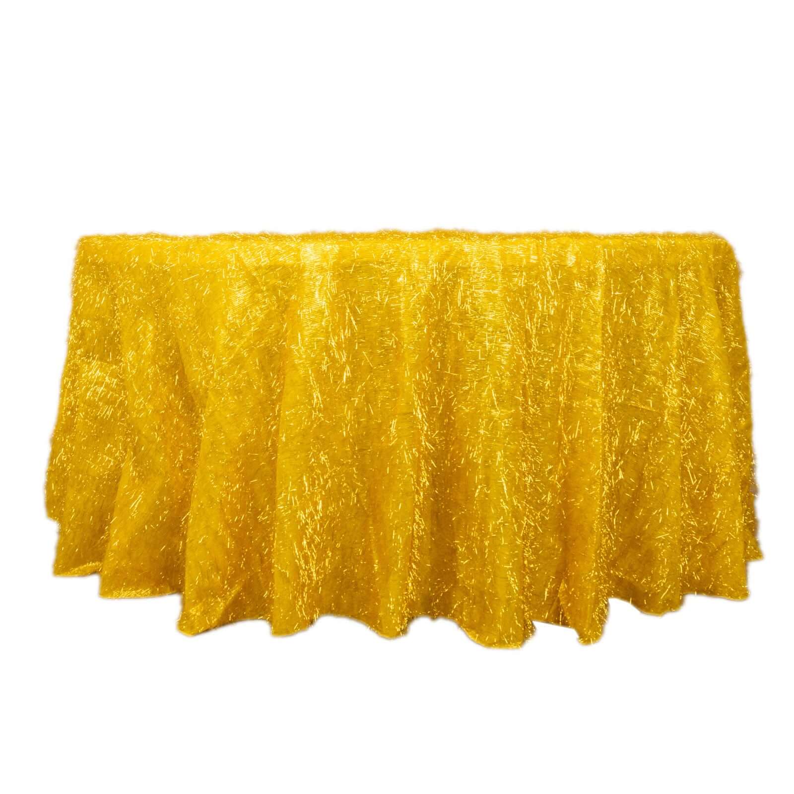 Polyester 120" Round Gold Tablecloth Metallic Fringe Shag Tinsel Design Table Cover for Weddings & Events