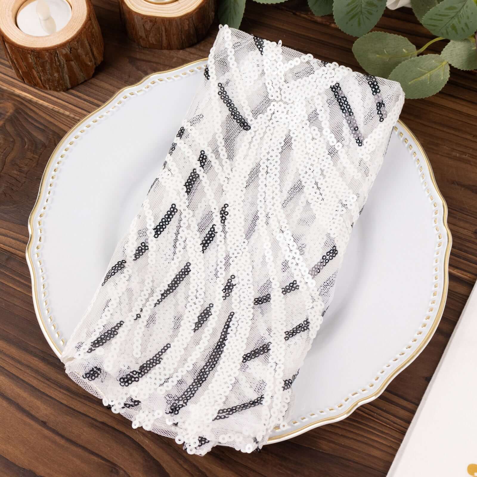 Sequin Mesh 20"x20" Napkin White Black - Wave Embroidered Reusable Napkin