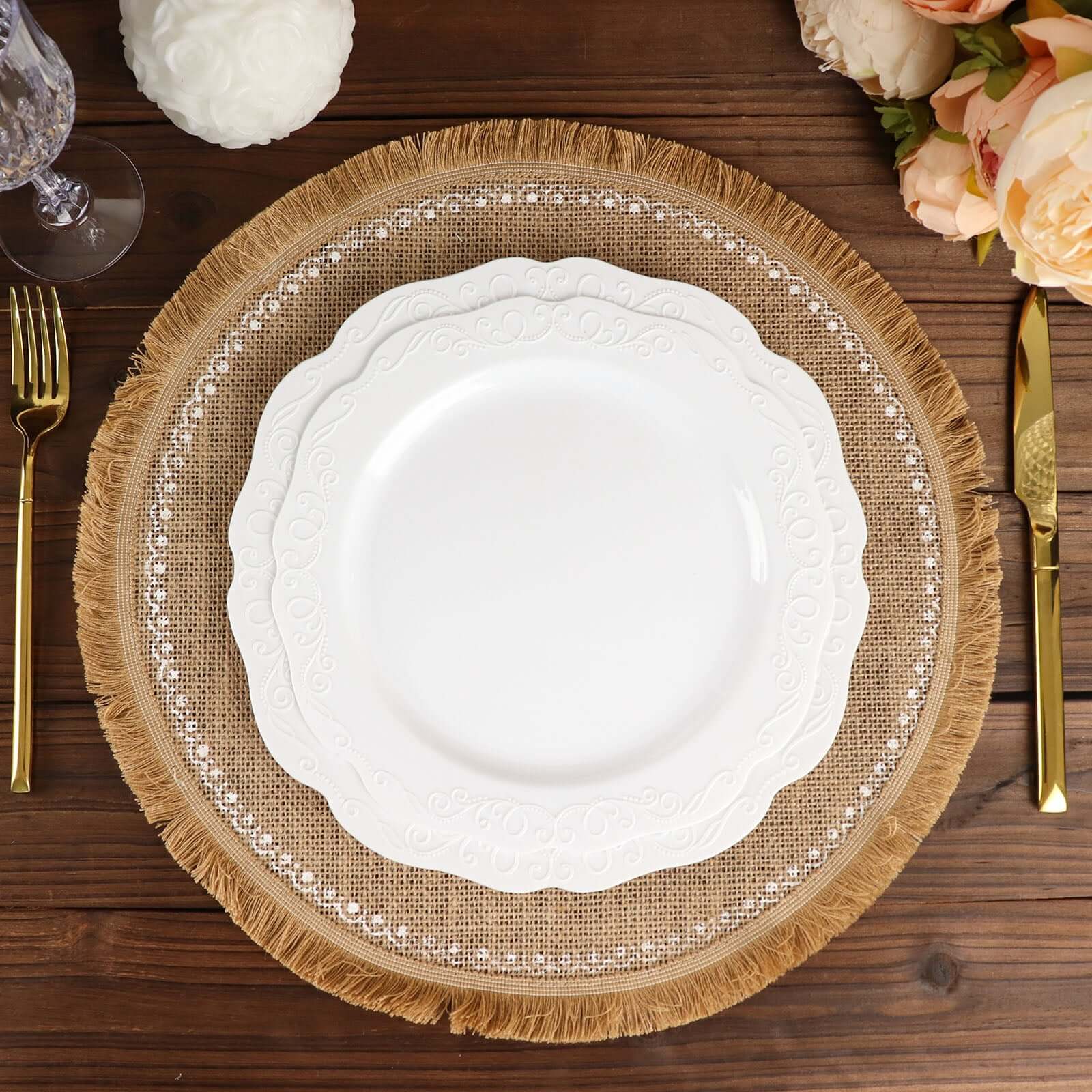 4-Pack Placemats White Embroidery Print Design Natural Jute Fringe Round - Rustic Burlap Woven Style 15"