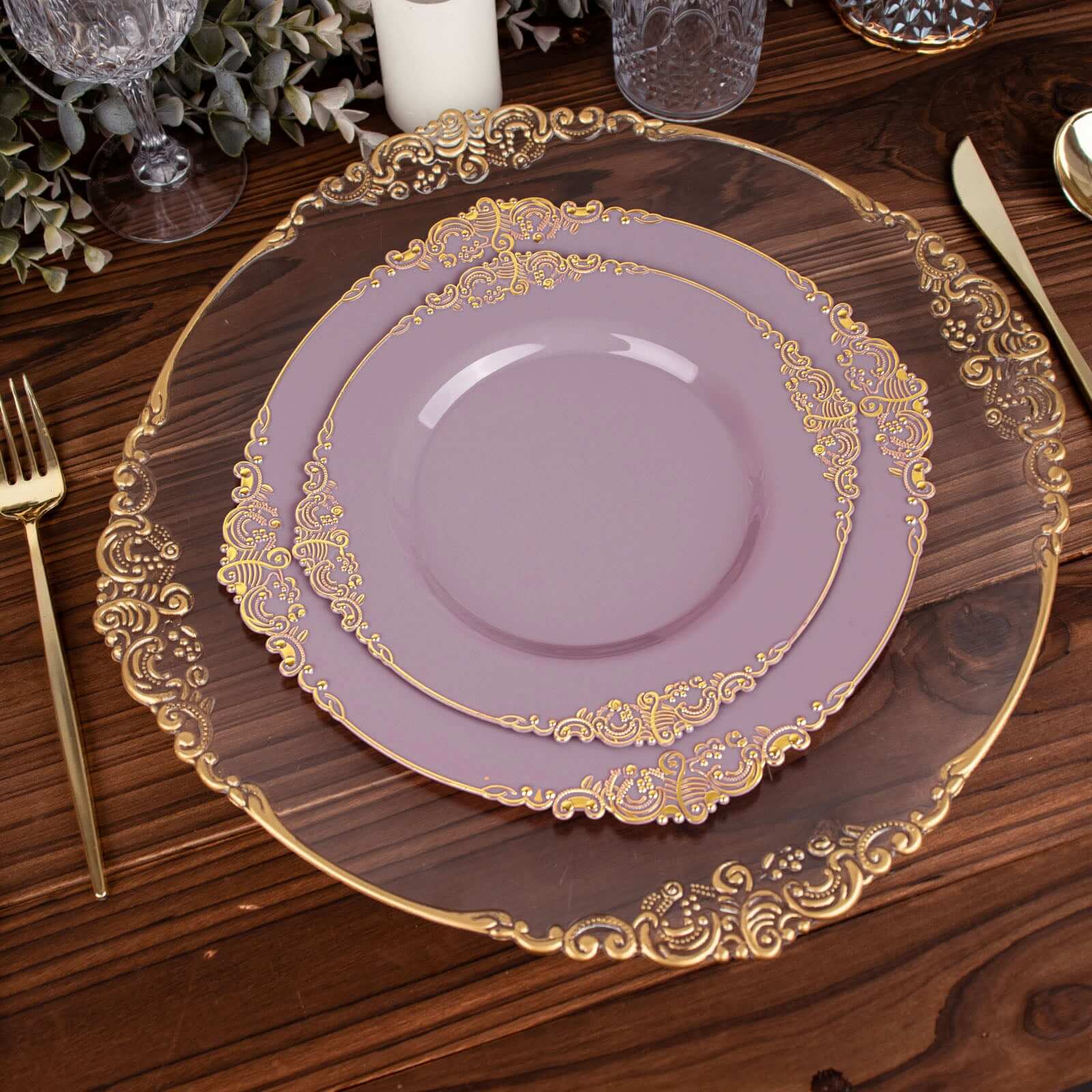 10-Pack Plastic 8" Round Dessert Plates in Lavender Lilac with Gold Leaf Embossed Rim - Disposable Vintage Baroque Style Salad Plates
