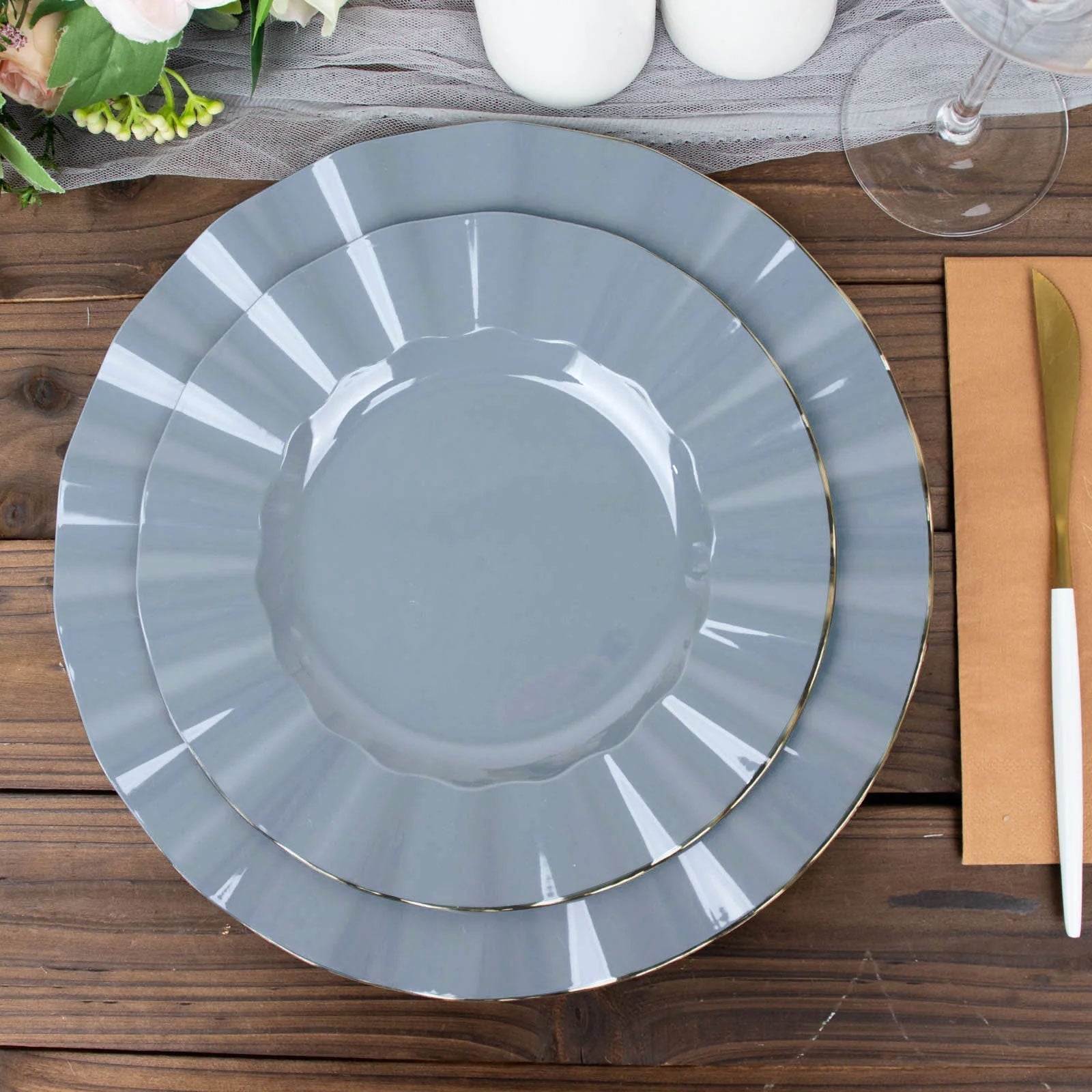 10-Pack Plastic 9" Round Dinner Plates in Dusty Blue Ruffled Rim with Gold Edging - Sturdy Disposable Dinnerware