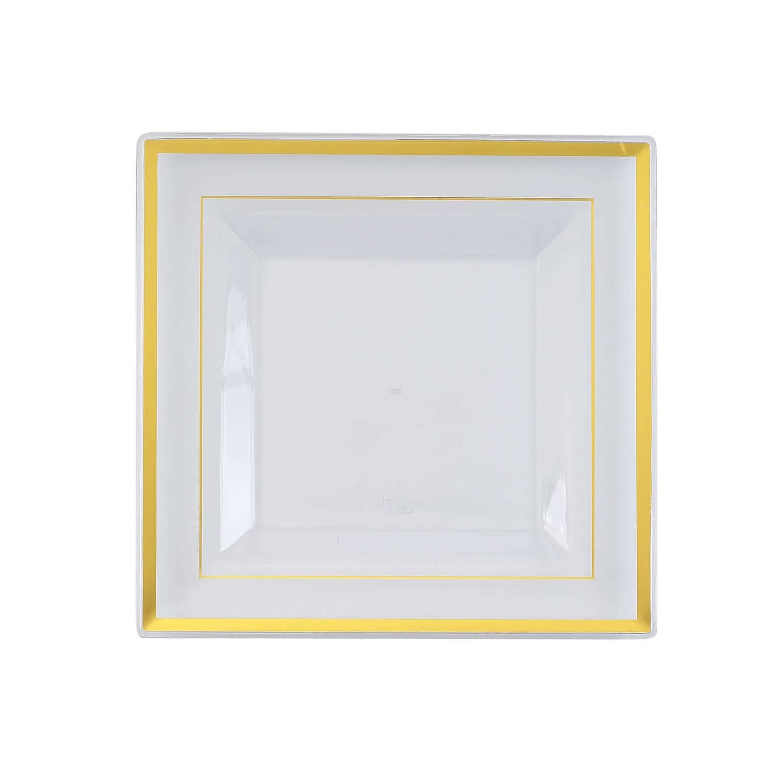 10-Pack Plastic Salad Dessert Plates Clear Square with Gold Trim - Durable Disposable Appetizer Plates 7"