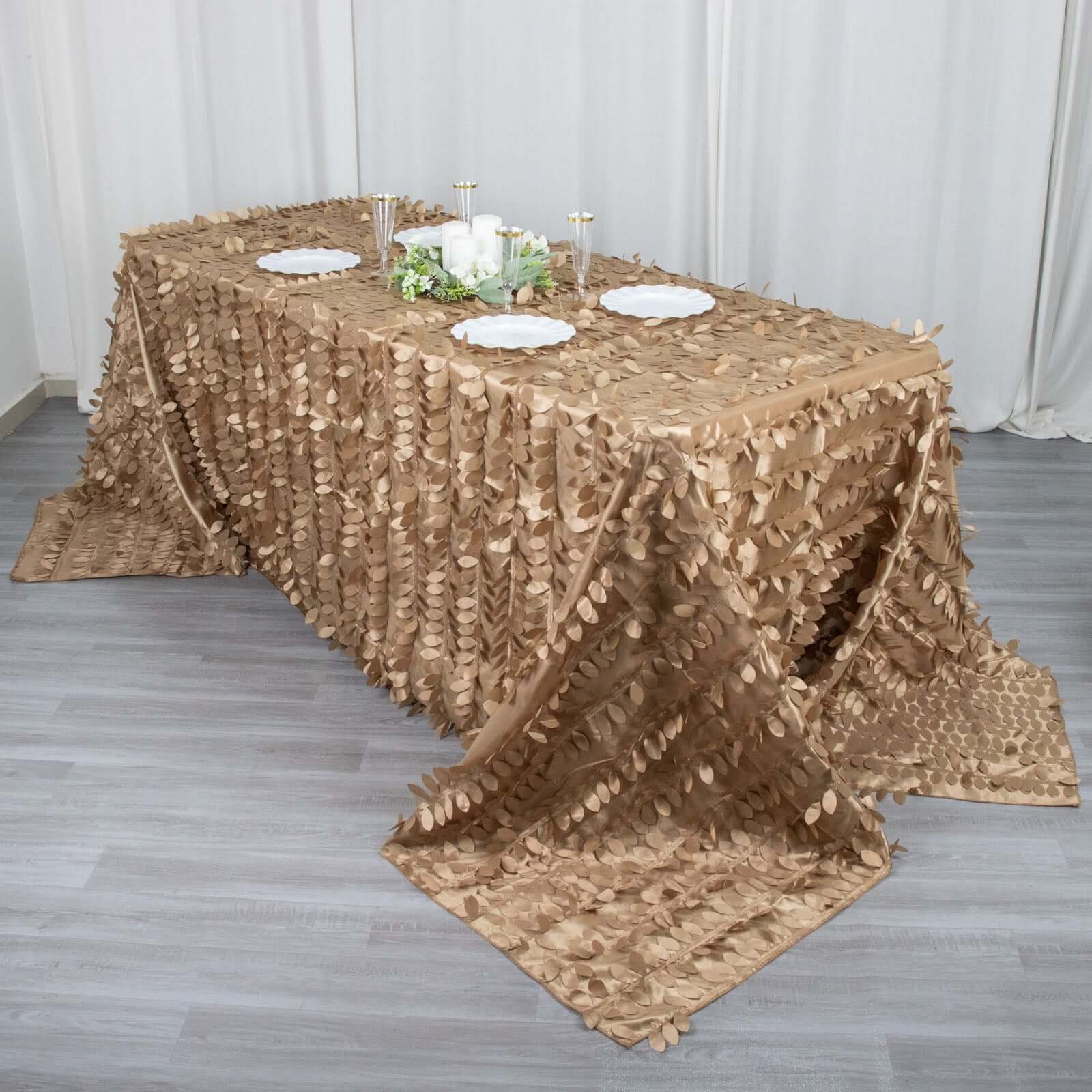 Taffeta 90"x132" Rectangle Tablecloth Taupe | 3D Leaf Petal Design Seamless Table Cover