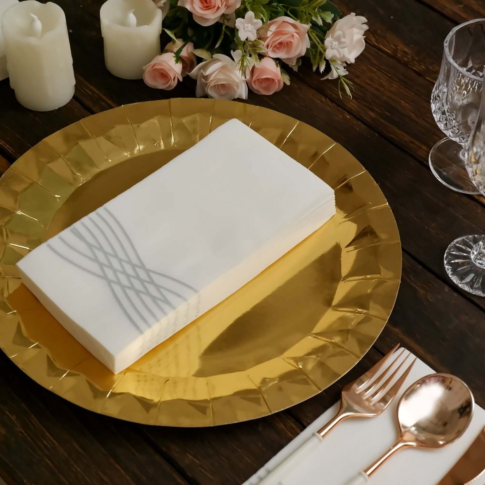25 Pack Linen-Like Paper 8"x4" Napkins White with Metallic Silver Foil Wave Design - Soft & Absotbent Airlaid Hand Towels