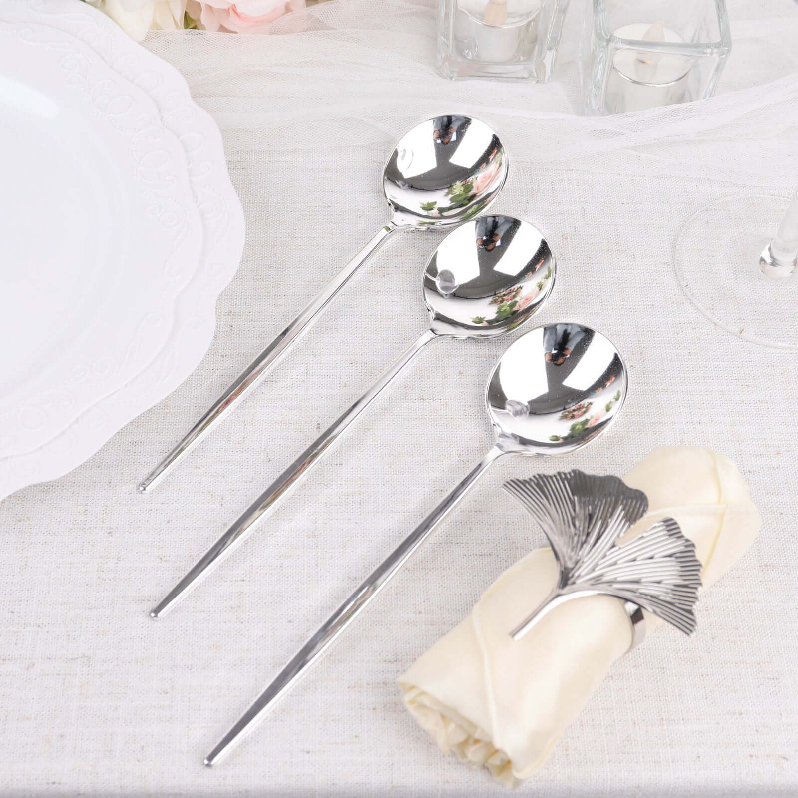 24-Pack Plastic Spoons Glossy Silver - Premium Heavy Duty Disposable Silverware 8"
