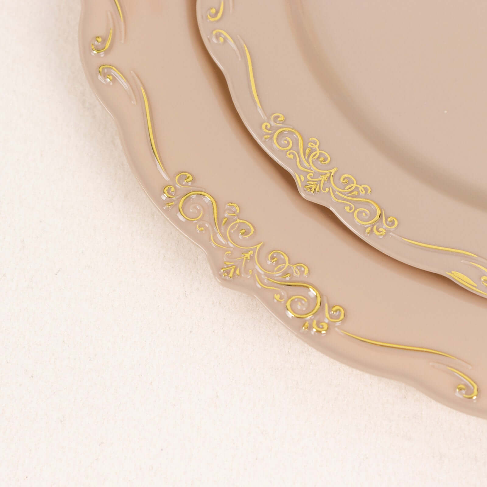 10-Pack Plastic 7" Round Dessert Plates in Taupe with Gold Vintage Embossed Rim - Sturdy Disposable Scalloped Edge Salad Plates