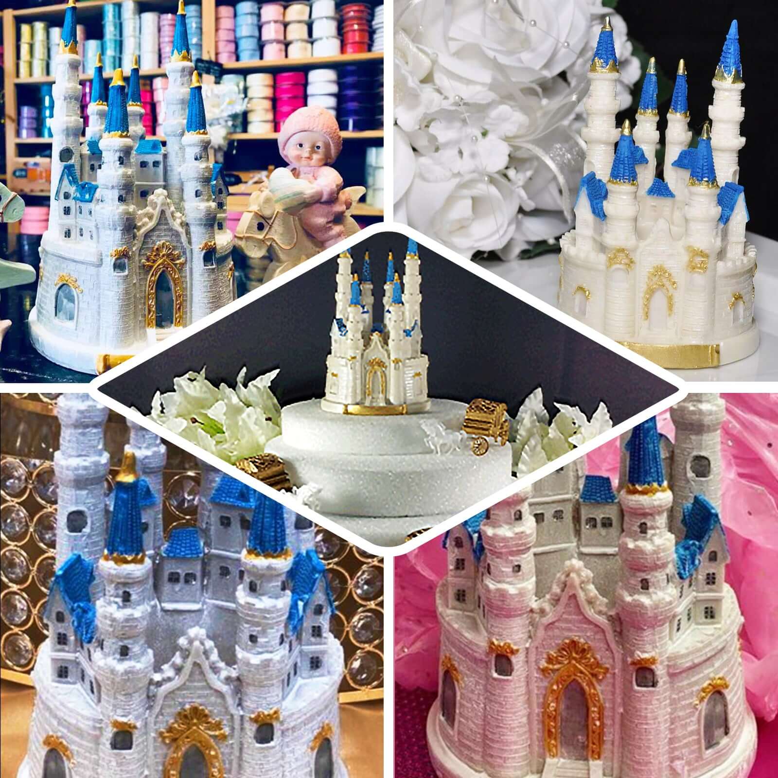 Cake Topper Figurine Fairytale Princess Castle Design Blue and White - Decoration for Baby Showers 8.5"