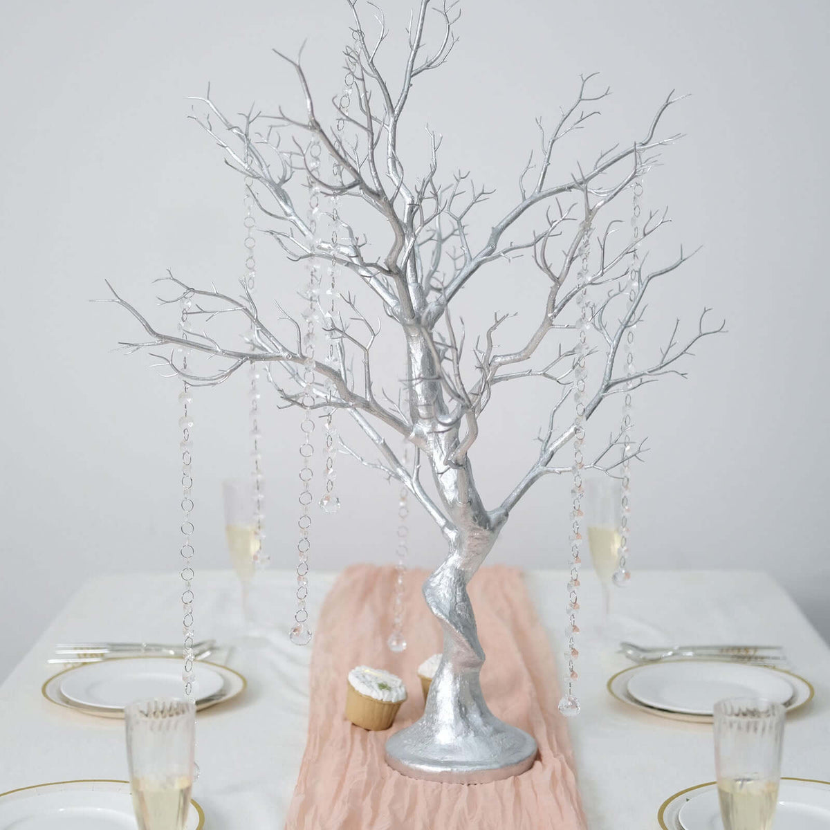 Manzanita Tree Centerpiece Metallic SIlver with 8 Acrylic Bead Chains - Easy Assembly Decorative Artificial Tree for Modern Weddings Parties & Event Displays 34"