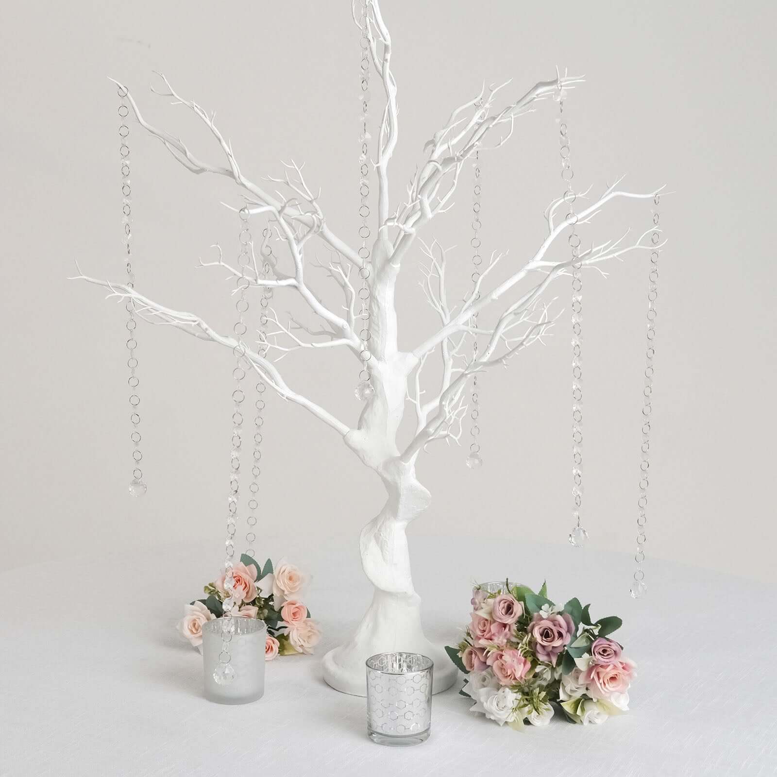 Manzanita Tree Centerpiece White with 8 Acrylic Bead Chains - Easy Assembly Decorative Artificial Tree for Modern Weddings Parties & Event Displays 34"