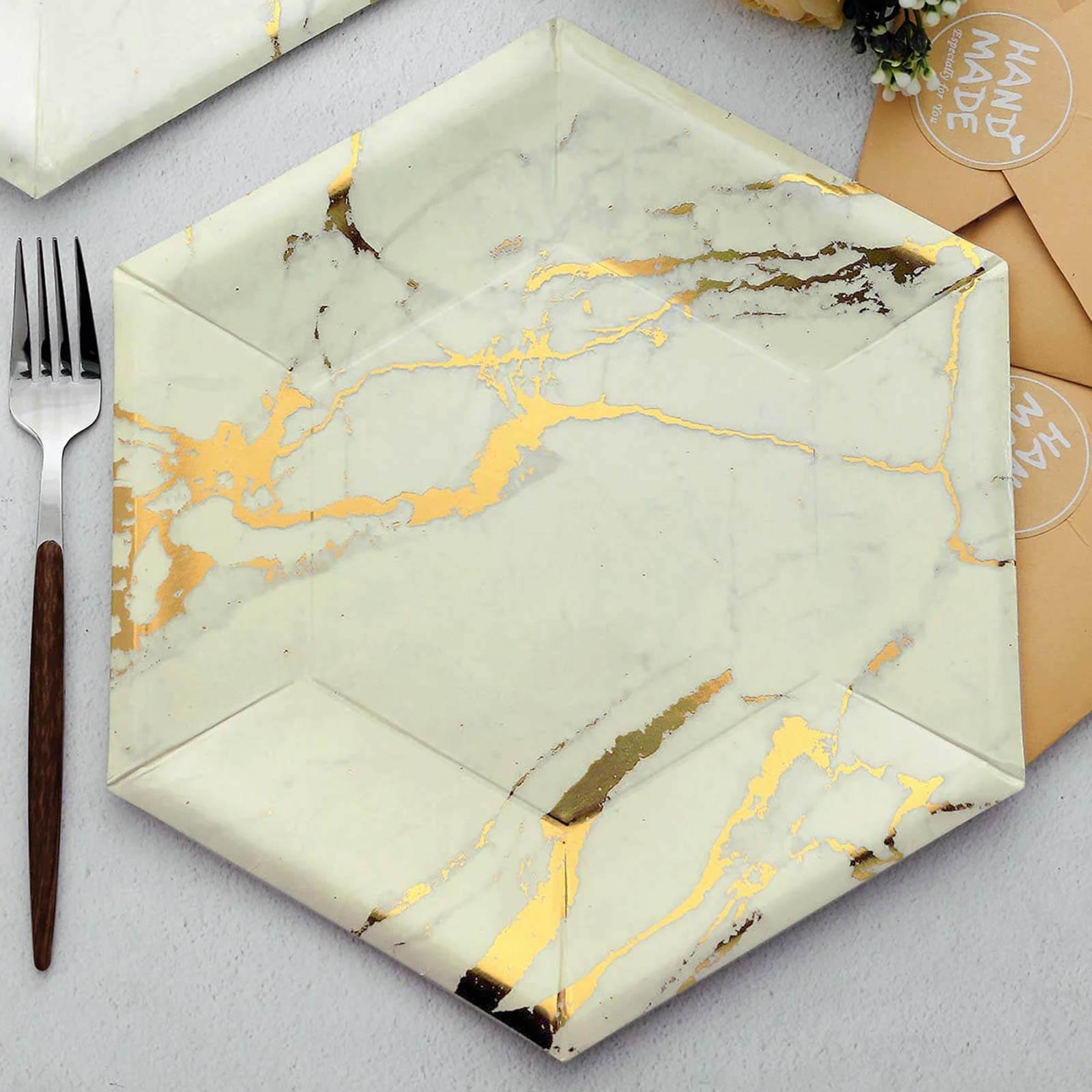 25 Pack Ivory Marble 12" Serving Dinner Paper Plates, Disposable Hexagon Geometric Shaped Plates With Gold Foil Marble Design - 400 GSM