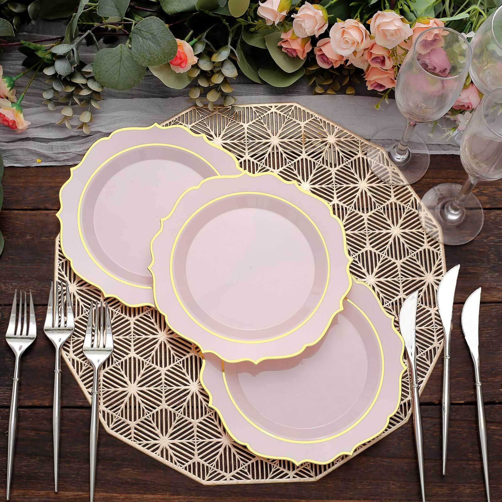 10-Pack Plastic 8" Round Desert Plates in Blush with Gold Scalloped Rim - Disposable Appetizer/Salad Plates