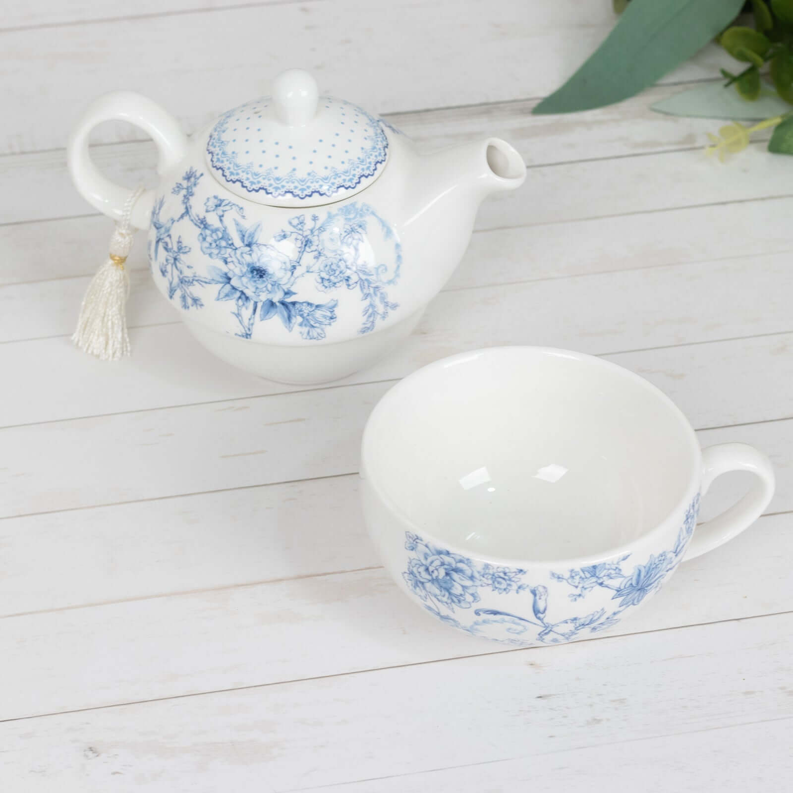 White Blue French Toile Bridal Shower Gift Set, Porcelain Teapot and Cup Set with Matching Keepsake Gift Box