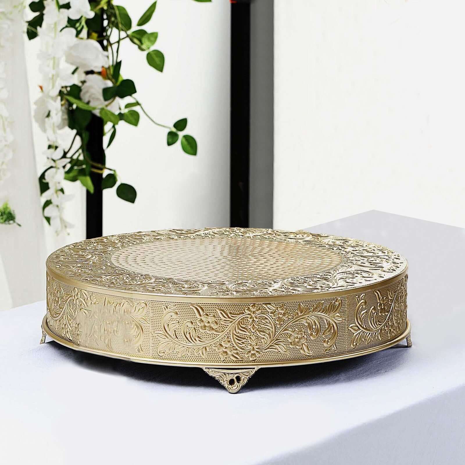Metal 22" Round Cake Pedestal Stand Matte Gold - Cupcake Dessert Display Riser with Intricate Embossed Design for Upscale Events & Gatherings