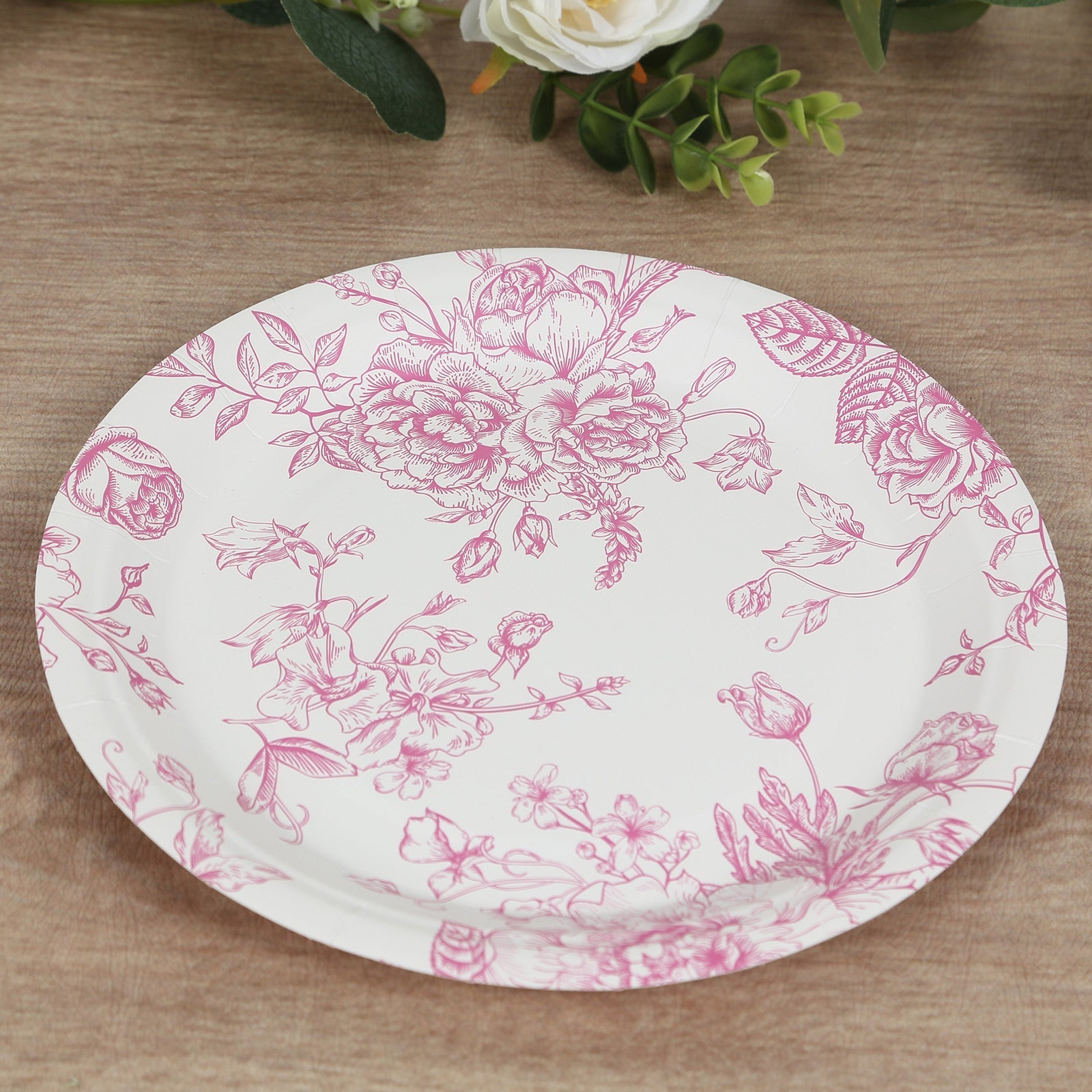 25-Pack Paper 9" Round Dinner Plates in White with Matte Pink French Toile Pattern - Disposable Floral Party Plates