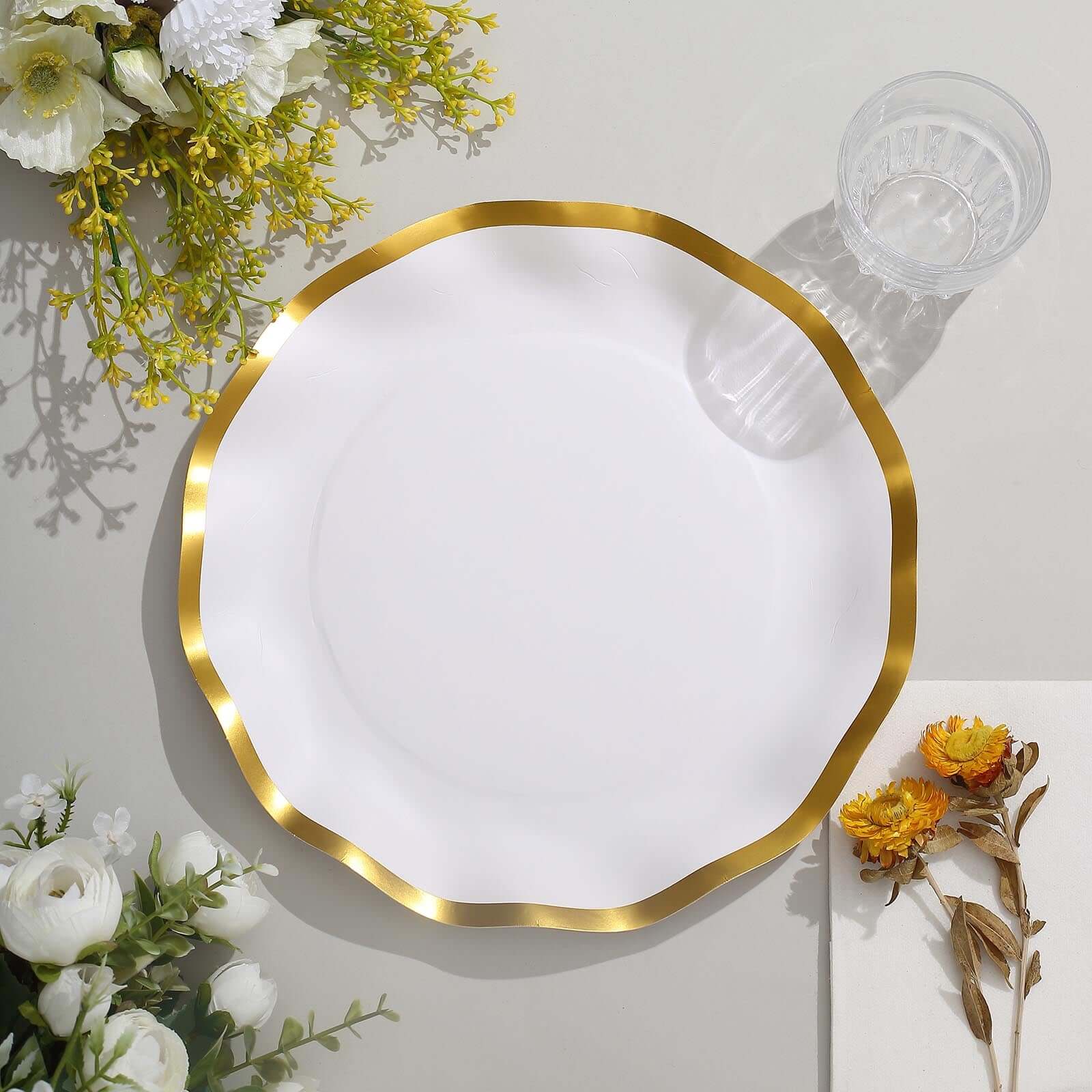 25-Pack Paper Round Dinner Plates 10" Matte White with Gold Wavy Rim - Disposable 350GSM Party Plates for Banquets & Upscale Gatherings
