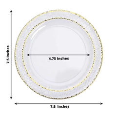 10-Pack Plastic 7.5" Round Appetizer Plates in Clear Hammered Design with Gold Rim - Disposable Salad Plates for Chic Banquets & Special Occasions