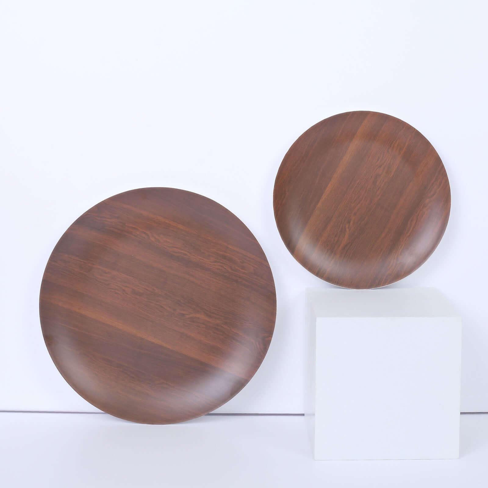 Pack of 6 Melamine 8" Round Dessert Plates in Brown Wood Grain Print - Disposable Shatterproof Appetizer Salad Plates for Rustic Farmhouse-Inspired Table Decor