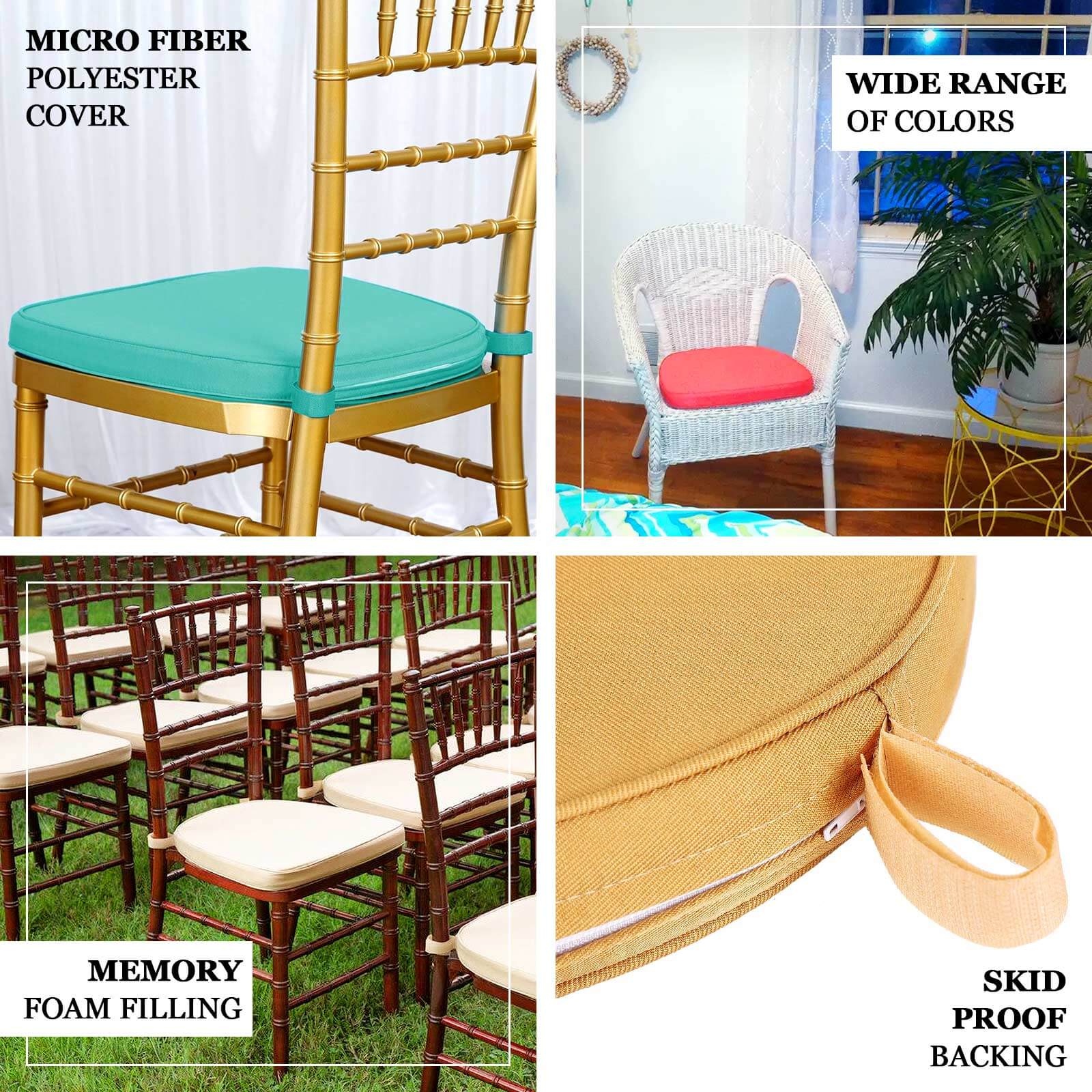 Chiavari Chair Cushion with 1.5" Thick Memory Foam and Ties White - Stylish Removable Cover for Comfort