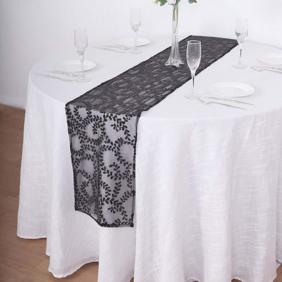 Mesh 12"x108" Table Runner Black - Leaf Vine Embroidery