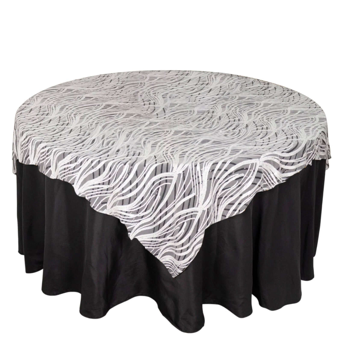 Mesh 72"x72" Table Overlay Square Tablecloth White Black - Wave Embroidered Sequins Table Topper