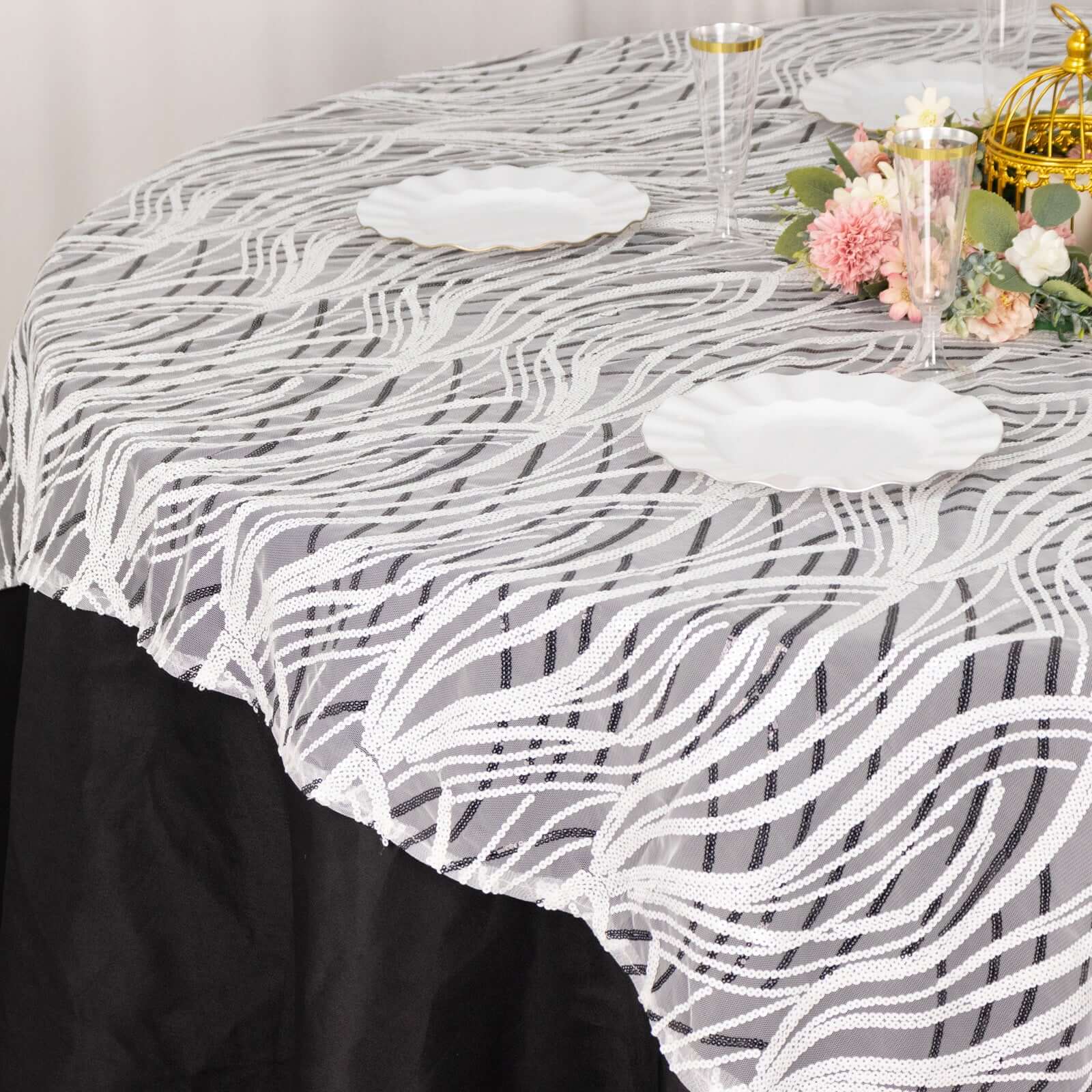 Mesh 72"x72" Table Overlay Square Tablecloth White Black - Wave Embroidered Sequins Table Topper