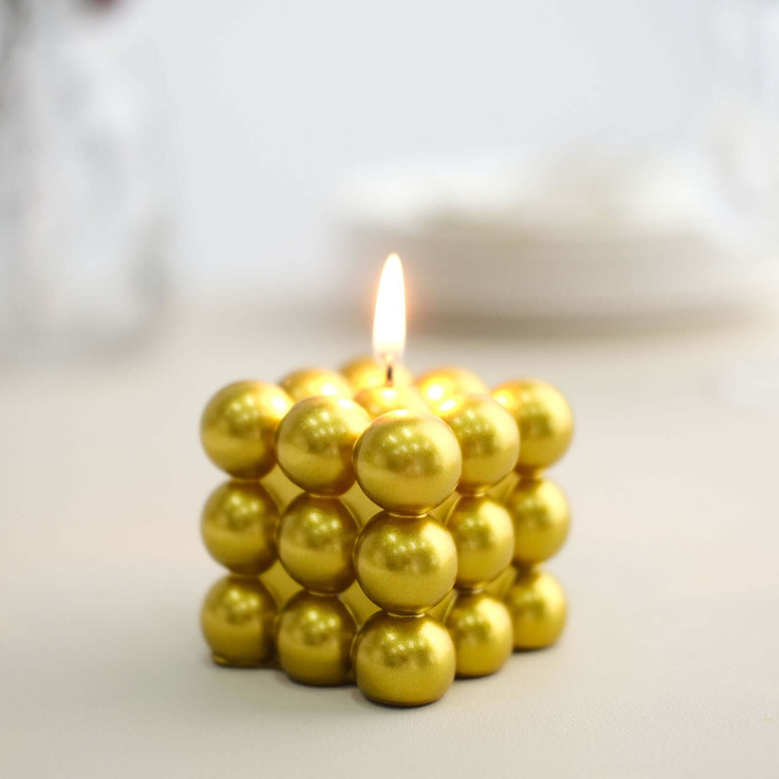 2-Pack Decorative Paraffin Wax Candles Bubble Cube Design Metallic Gold - Unscented Long Burning Pillar Candle Set 2"