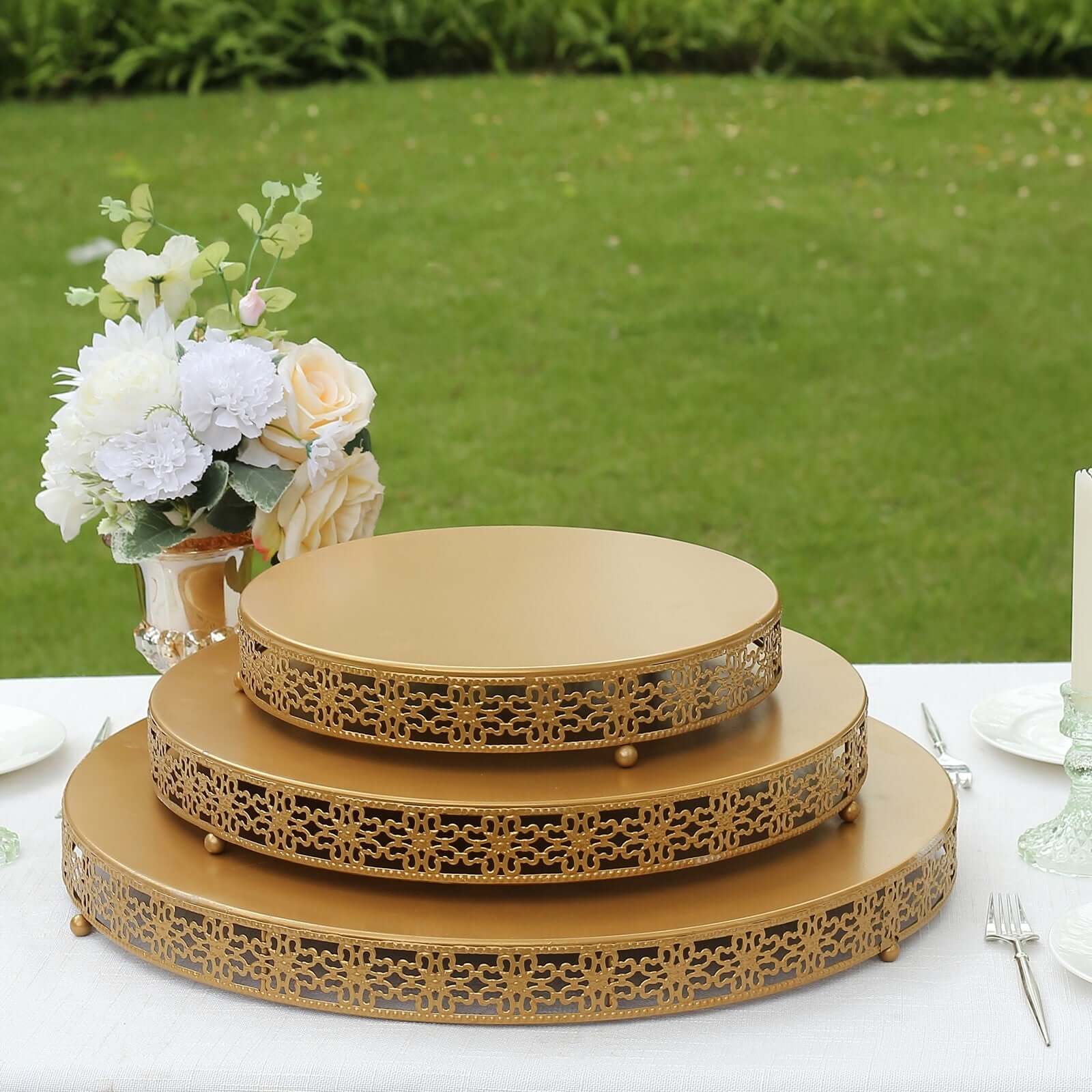 Metal Pedestal Cake Stand Fleur De Lis Round Design Gold - Cupcake Dessert Display Table Centerpiece 20"