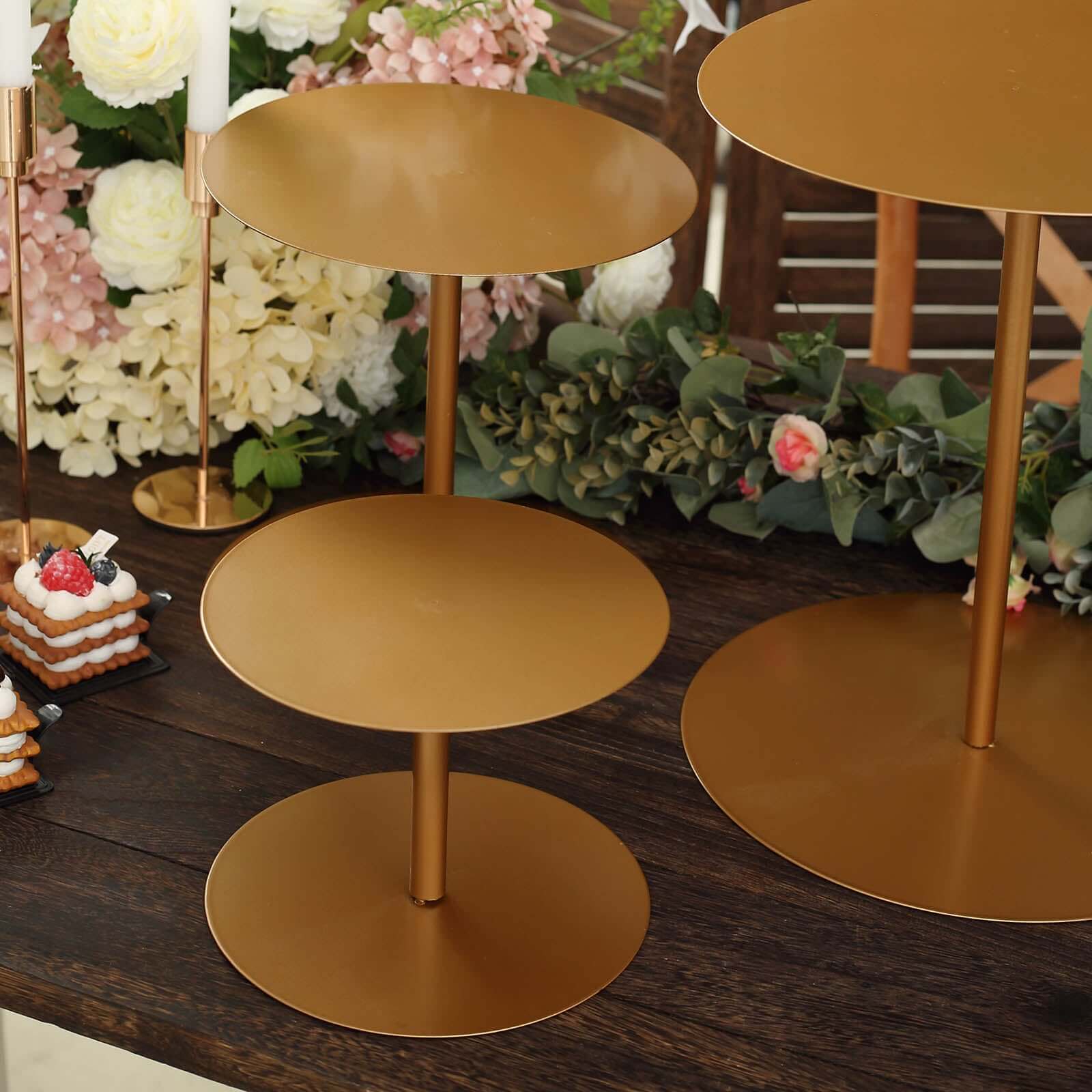 Set of 3 Metal Pedestal Cake Stands Heavy Duty Round Design Gold - Cupcake Dessert Display Props 8", 10", 12"