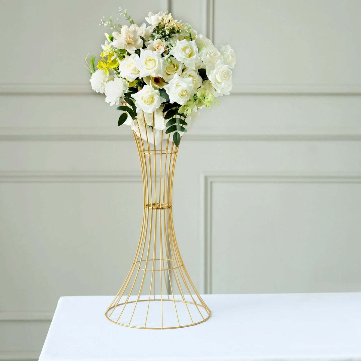 Metal Centerpiece Stand Gold Hourglass Trumpet Shape Design - Flower Open Frame Reversible Pedestal 24"