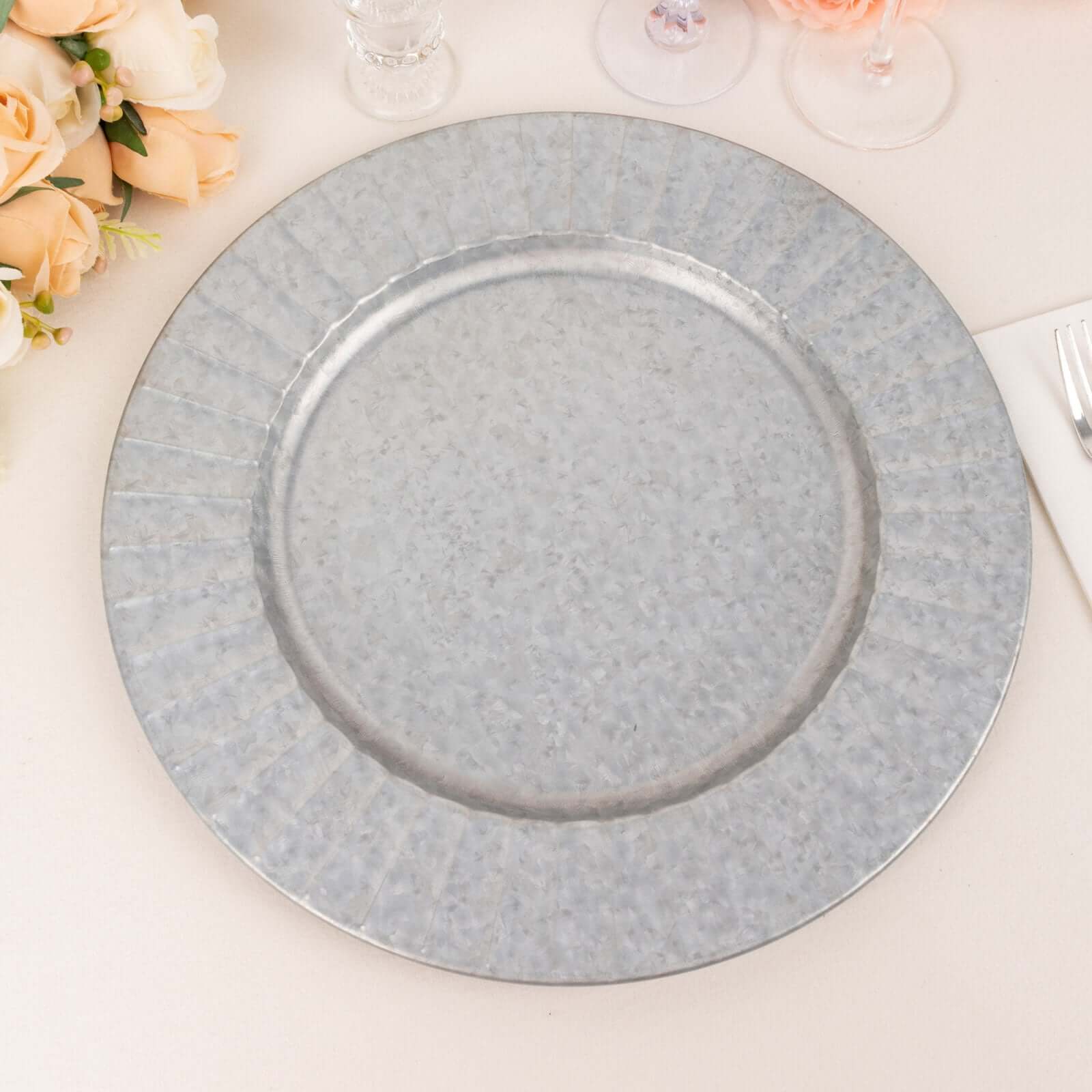 4-Pack Metal Round Charger Plates 13" in Silver with Galvanized Ruffled Rim, Contemporary Charger Tableware