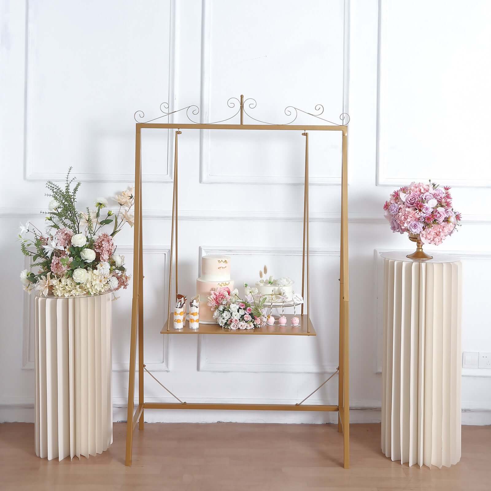 Metal Floor Swing Cake Stand Gold - Exquisite Hanging Dessert Display Serving Station for Upscale Parties & Weddings 6ft Tall