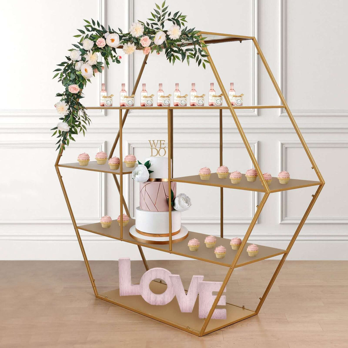 Metal Hexagonal Cake Dessert Display Stand Gold - Large Multi Functional Modern Bookcase Party Backdrop for Balloons Floral Installations & Event Decor 4ft