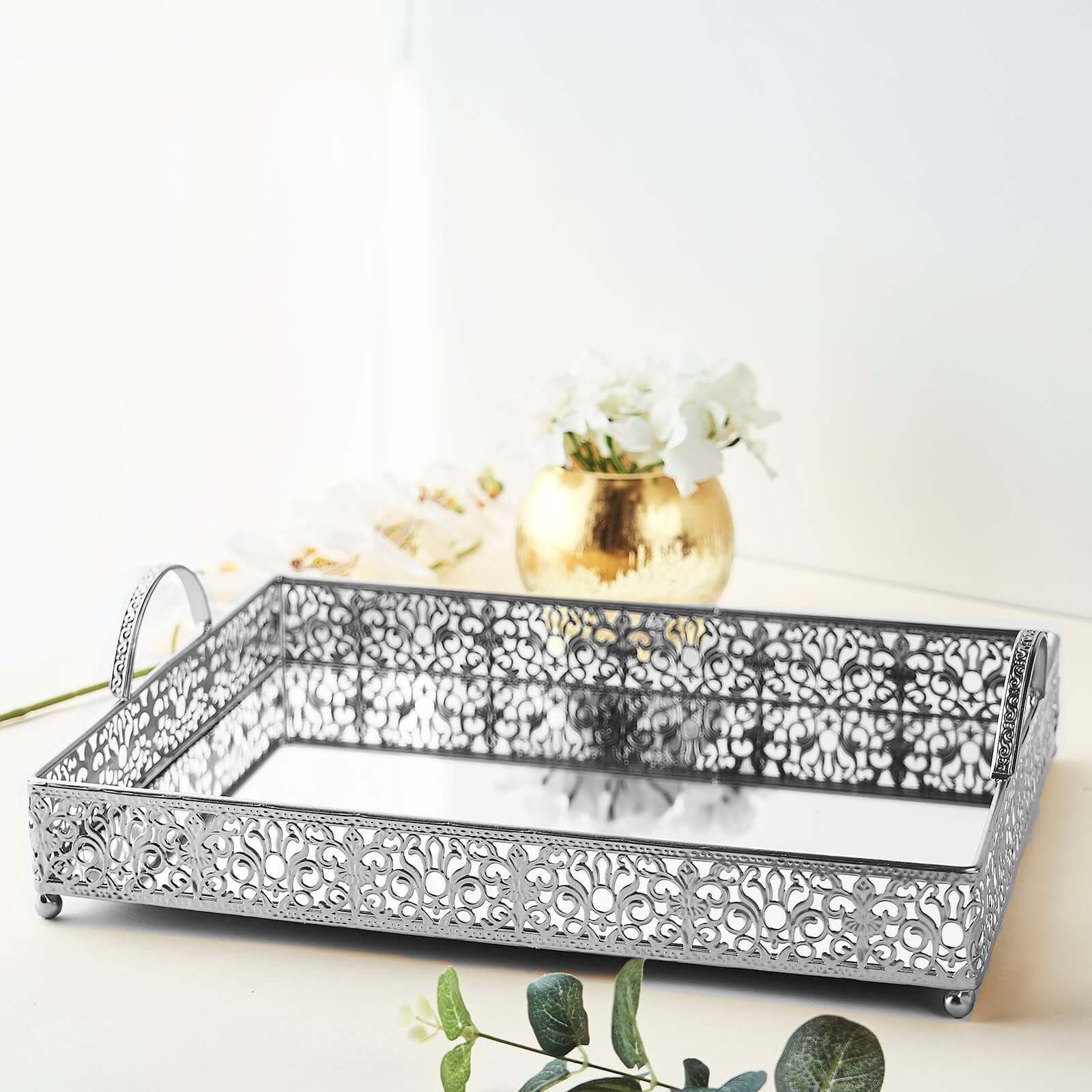 Metal Mirrored Rectangle Serving Tray 16"x12" in Silver Fleur De Lis Design with Handles, French Inspired Decorative Vanity Tray Centerpiece