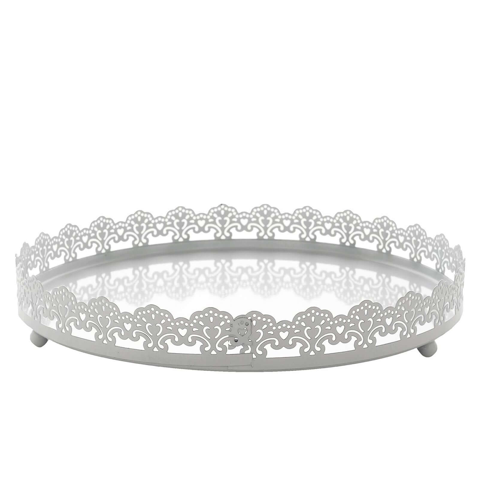 Metal Round Serving Tray 12" in White with Embellished Rims, Stylish Decorative Vanity Tray Centerpiece