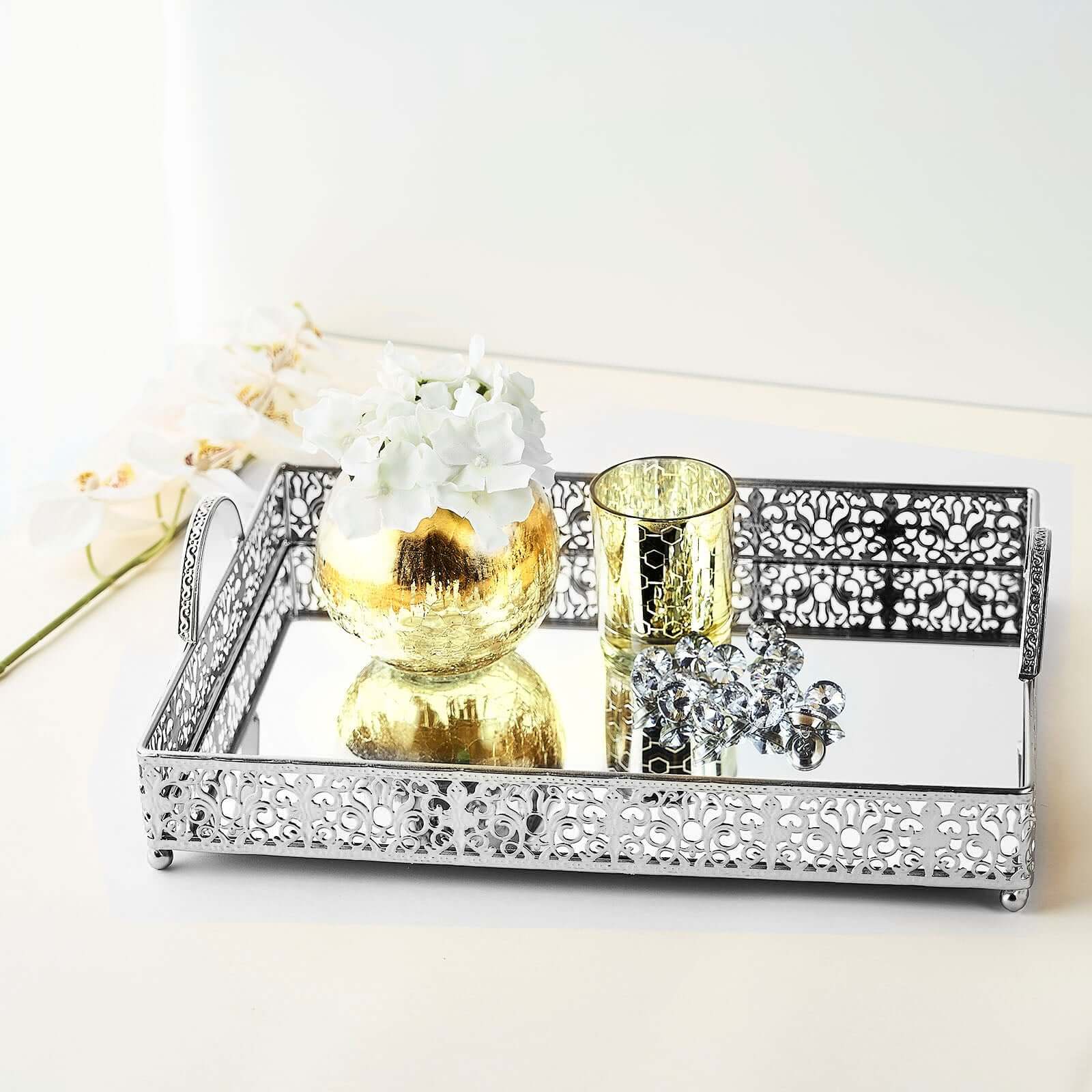 Metal Mirrored Rectangle Serving Tray 16"x12" in Silver Fleur De Lis Design with Handles, French Inspired Decorative Vanity Tray Centerpiece