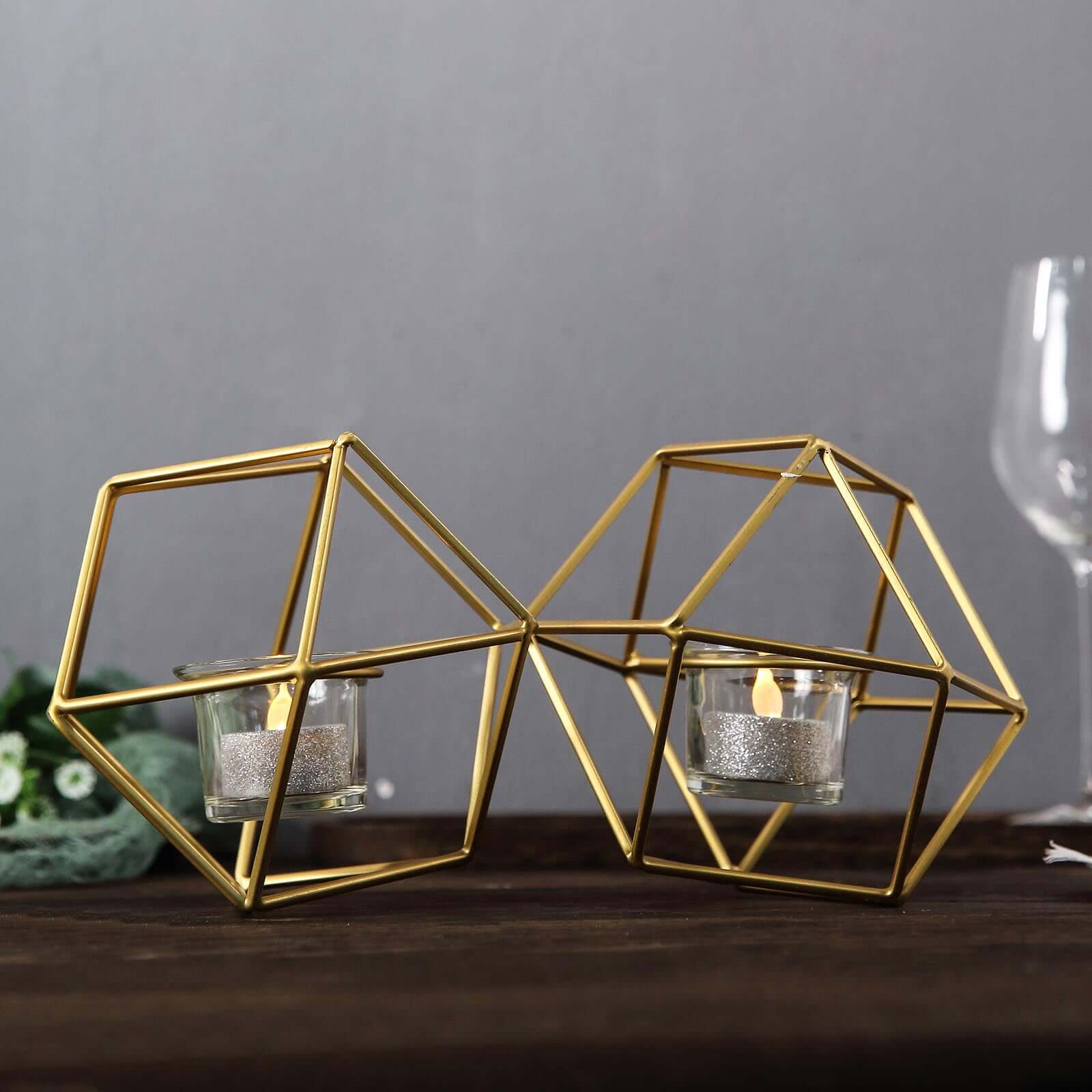 Set of Metal Candle Holders Linked Geometric Design Gold - Modern Table Decor with Votive Glass for Gatherings 11"