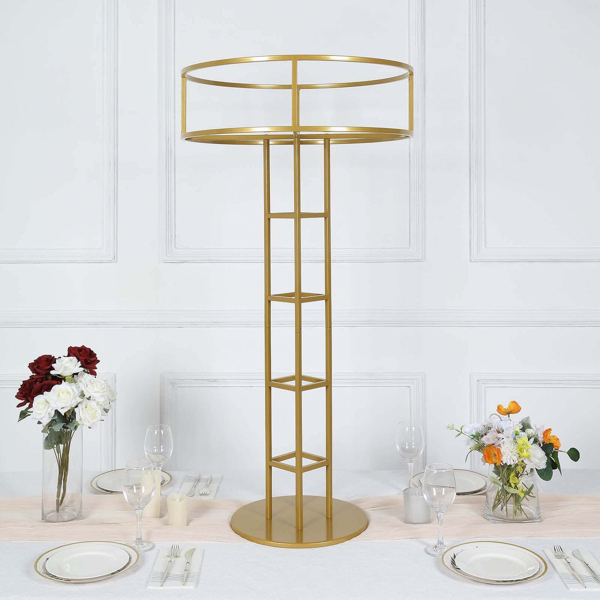 Metal Wedding Centerpiece Open Frame Design Gold - Grand Halo Top Floral Riser Pedestal 46"