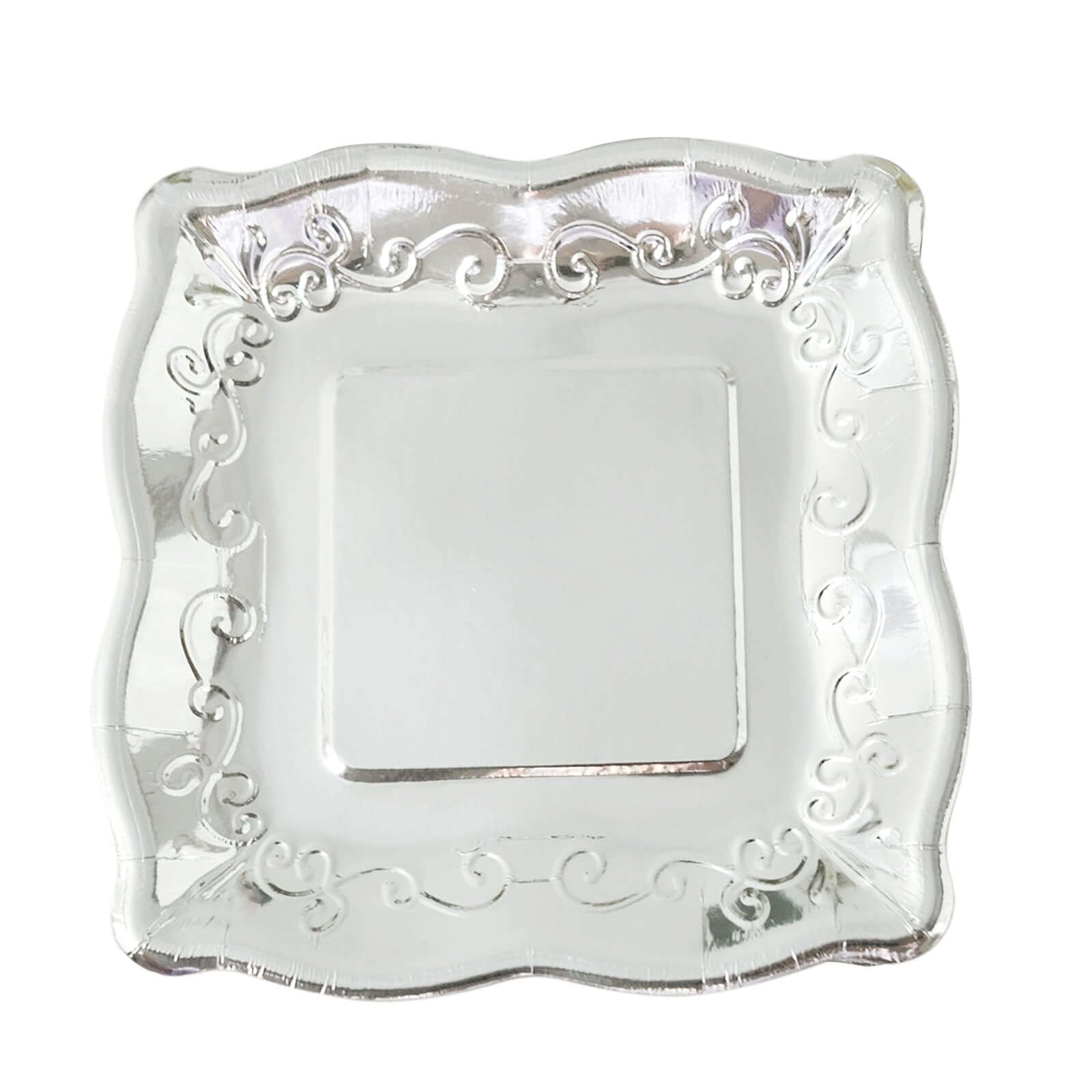 25-Pack Paper 7" Square Dessert Plates in Silver with Vintage Pottery Embossed Design - Shiny Metallic Disposable Appetizer Plates