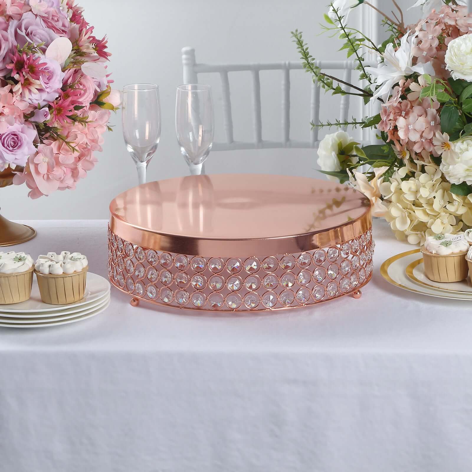 Metal Cake Stand Pedestal Crystal Beaded Design Rose Gold - Cupcake Display and Dessert Riser 13"