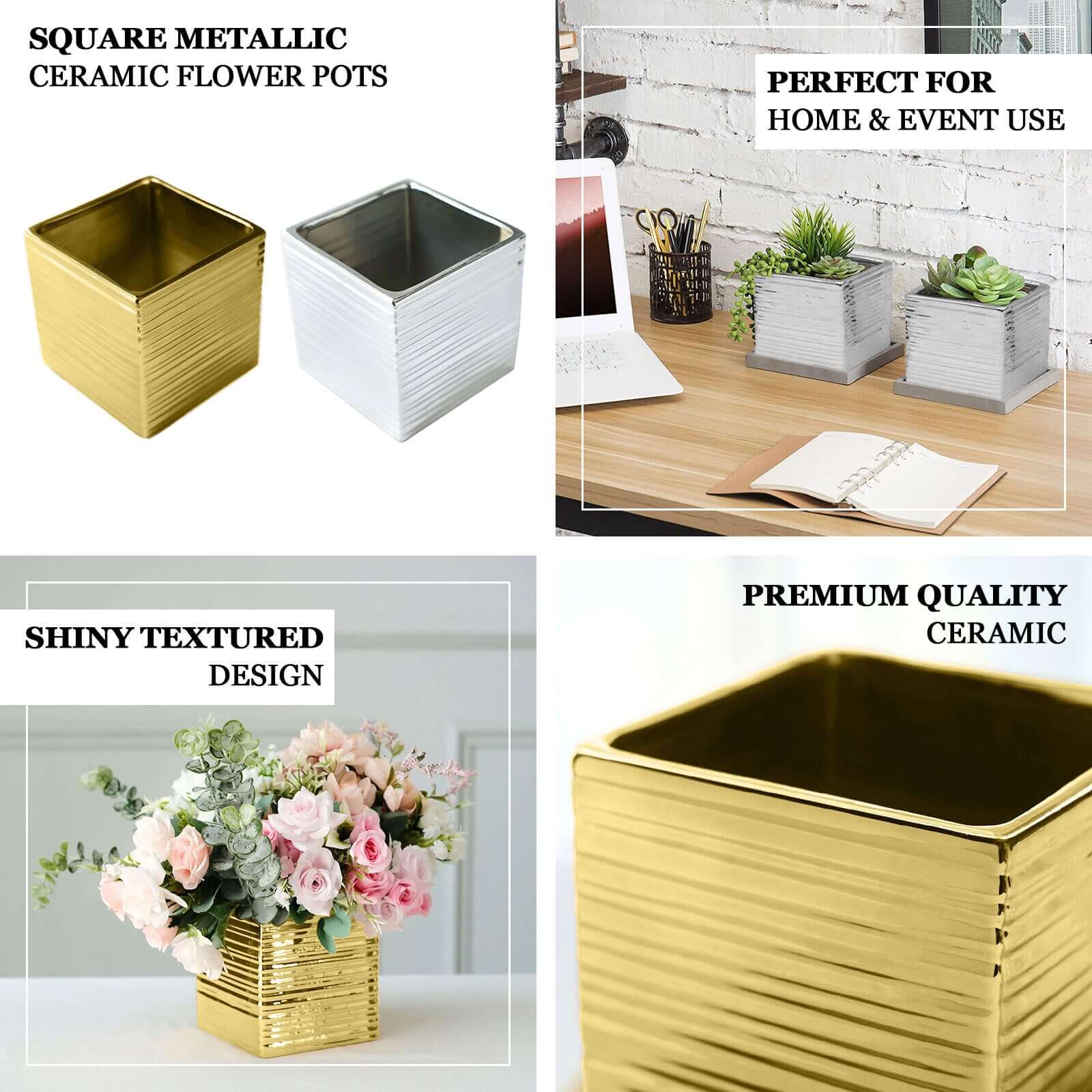 2 Pack 5" Silver Brush Textured Ceramic Square Indoor Plant Pots, Cube Shaped Flower Box