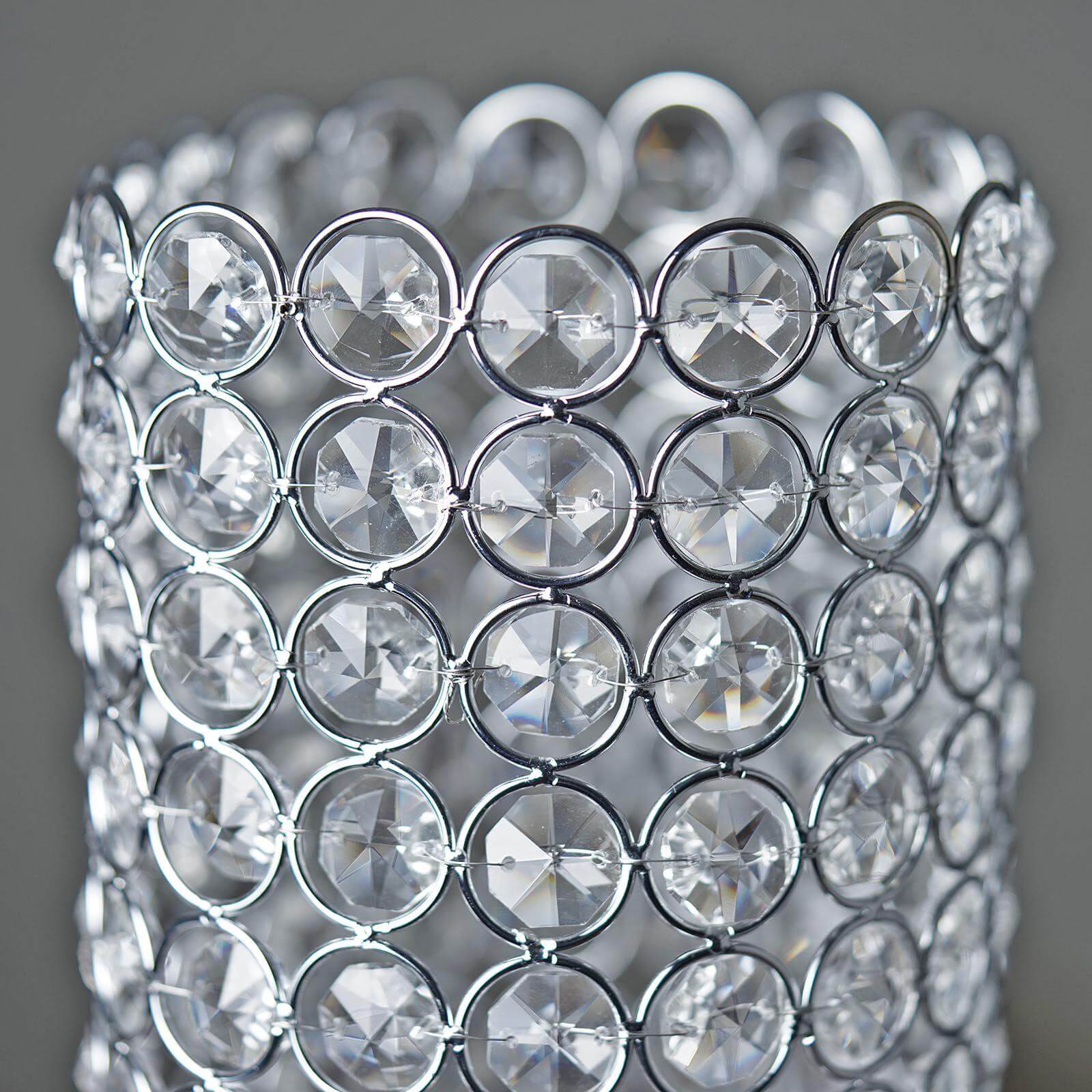 Full Crystal Beaded Candle Holder Shiny Metallic Silver Metal - Stylish Pillar Stand for Weddings 16"