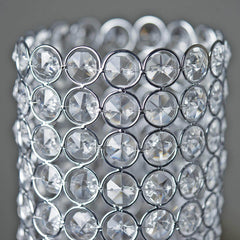 Full Crystal Beaded Candle Holder Shiny Metallic Silver Metal - Stylish Pillar Stand for Weddings 16"