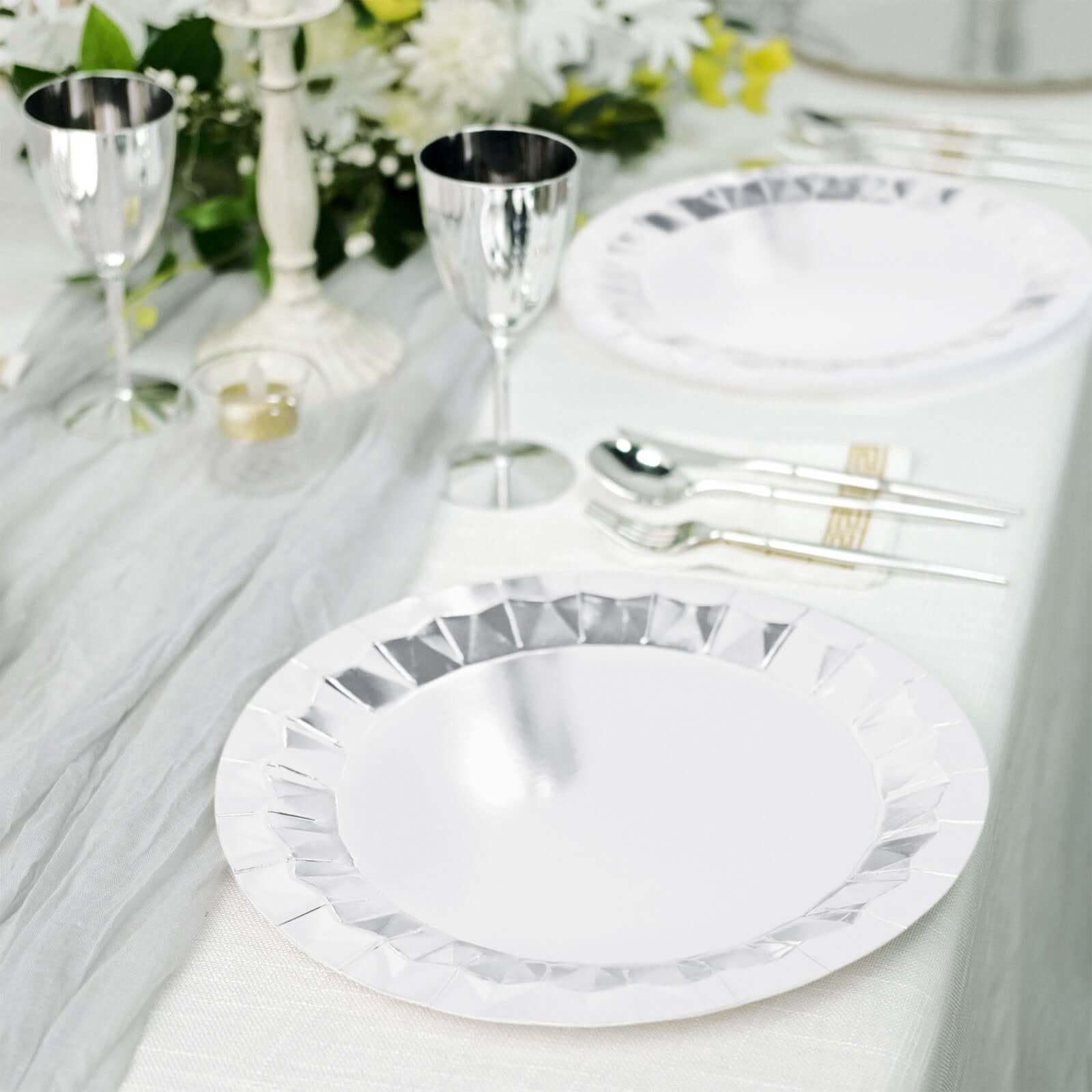 25-Pack Paper 12" Round Charger Plates in Metallic Silver with Geometric Prism Design - Disposable 400GSM Serving Trays