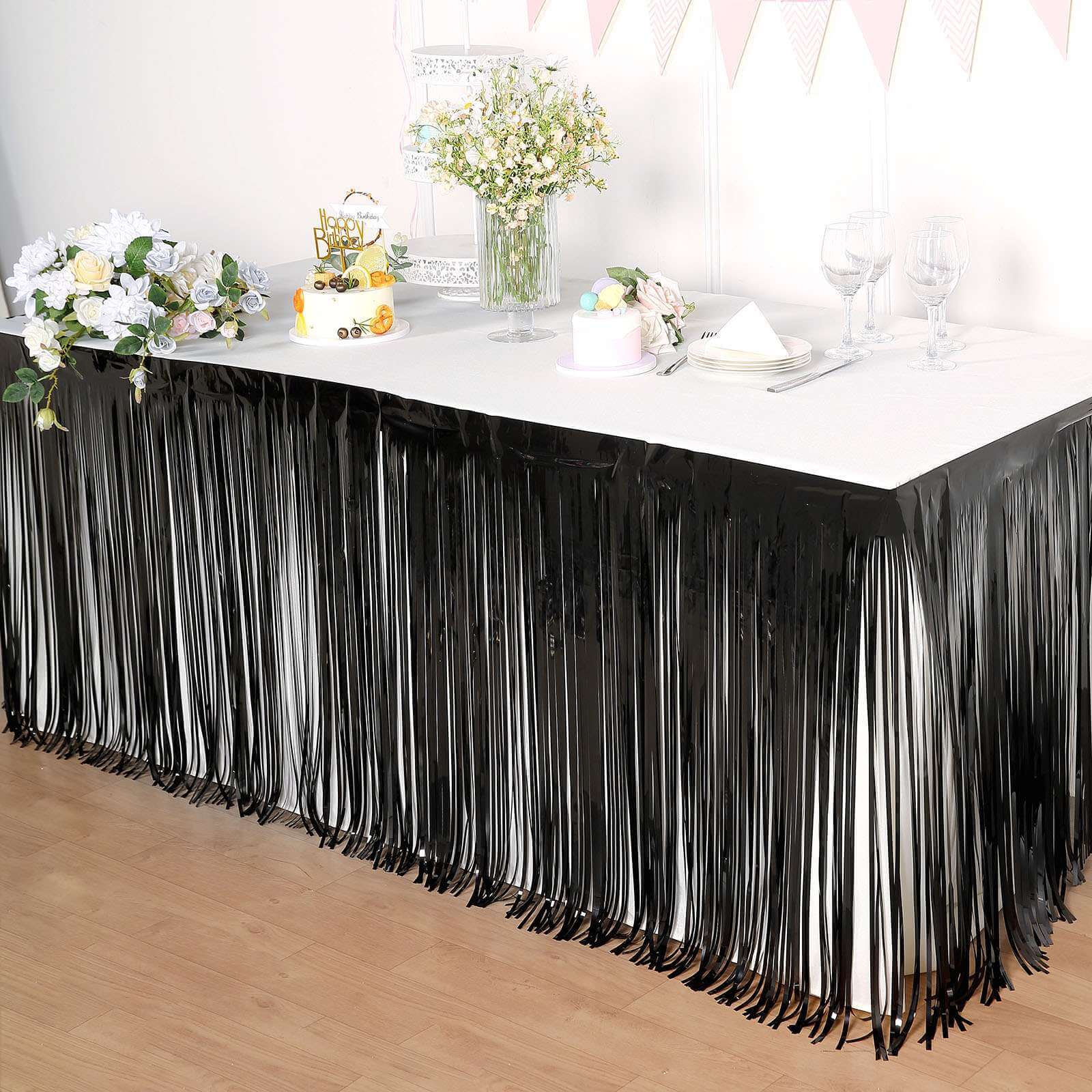 Metallic Foil Fringe Table Skirt Black with Self Adhesive Backing - Durable Tinsel Skirt for Parties 30"x9ft
