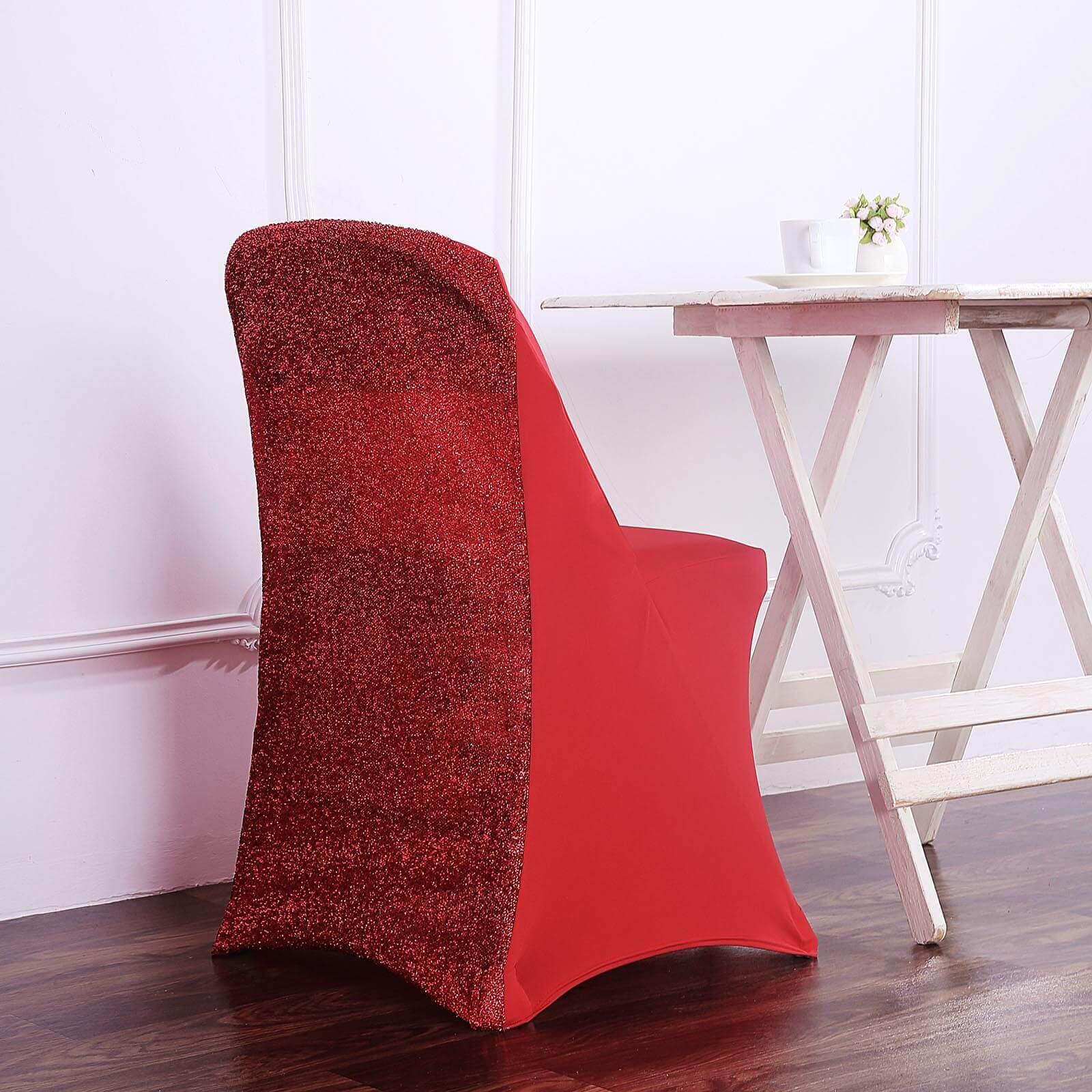 Stretch Spandex Chair Cover Red for Folding Chairs - Metallic Shimmer Tinsel Back Design Fitted Slipcover