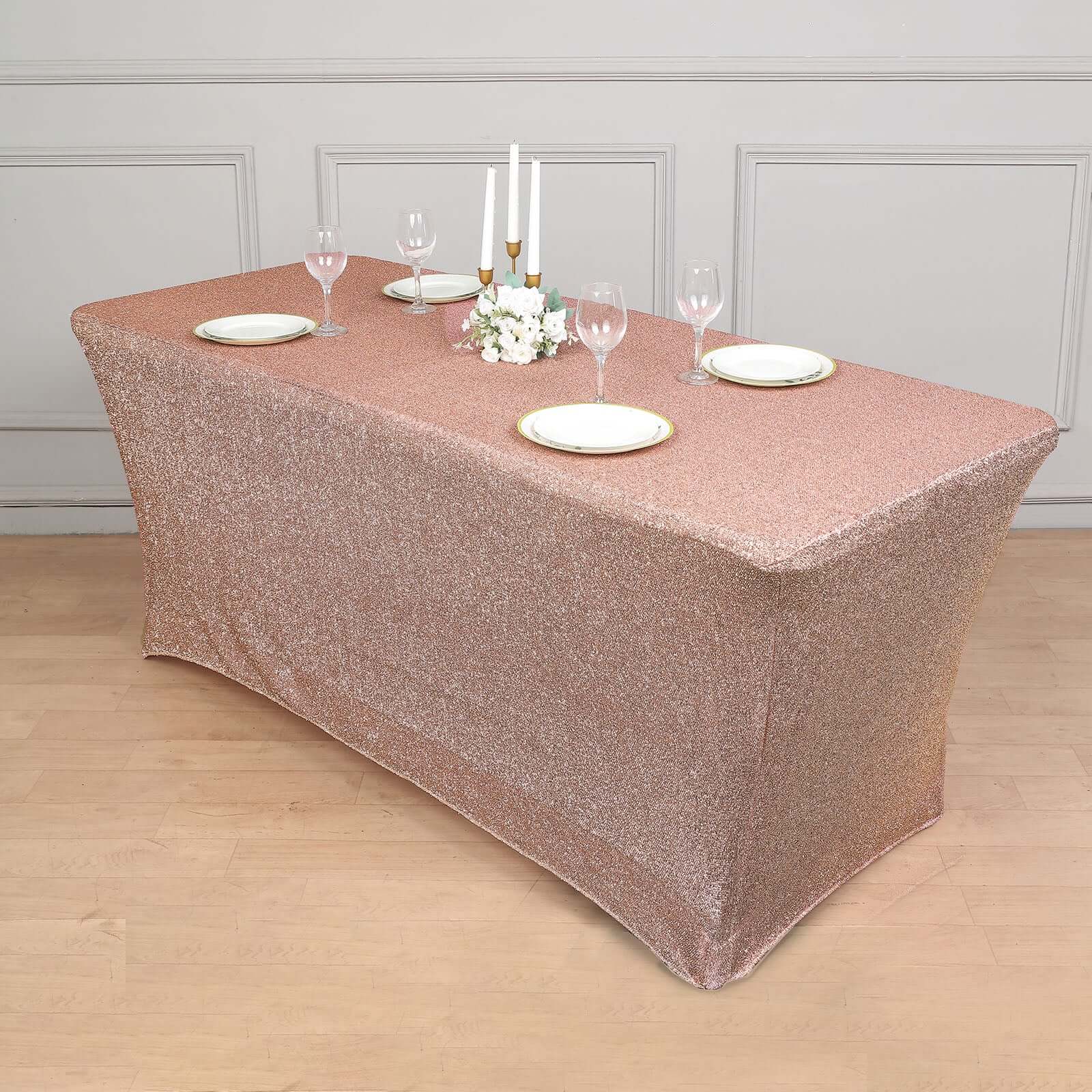 Shimmer Tinsel Spandex 72"x30" Rectangle Tablecloth Metallic Rose Gold Glittered Shiny Stretch Table Cover for Gleaming Event Decor